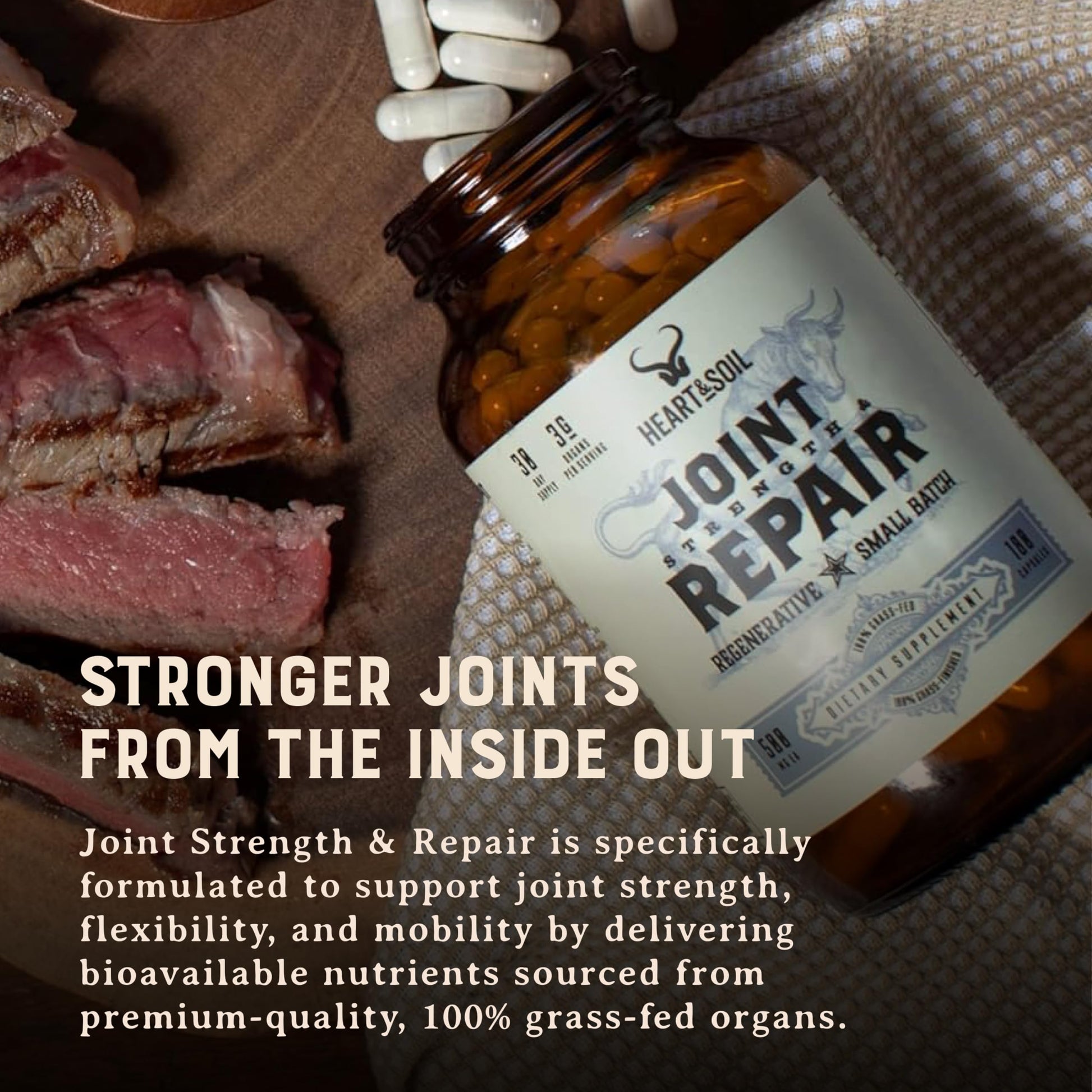 Heart & Soil 100% Grass Fed & Finished Joint Support Supplement from Regenerative Cattle with Trachea, Scapula & Bone Marrow – Supports Joint Strength & Mobility – 3000mg – Glass Bottle – 180 Capsules HEART & SOIL buy supplements canada