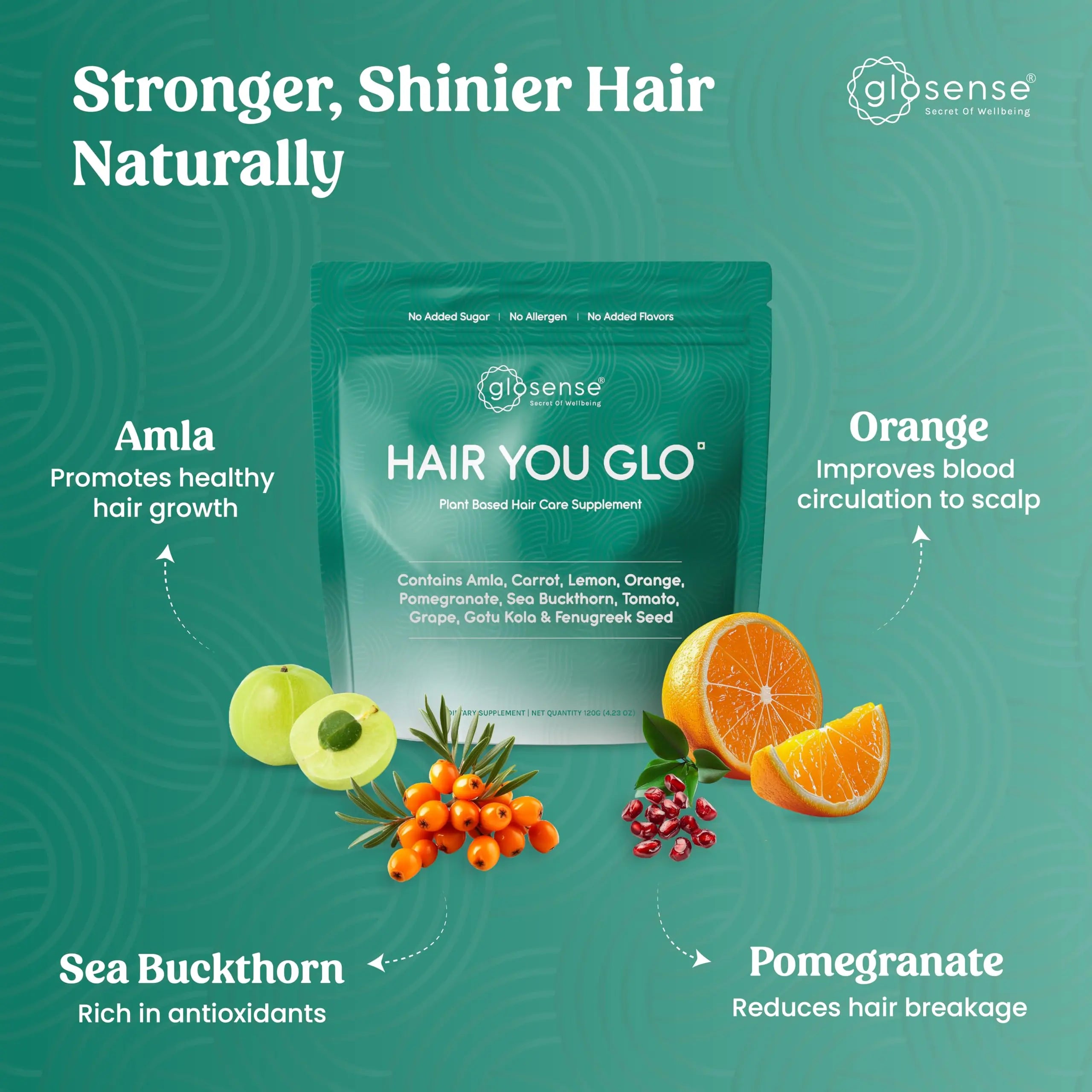 Glosense Hair You Glo – Plant-Based Biotin Supplement | Hair Growth Drink | Natural Hair Vitamins Powder with Amla, Sea Buckthorn, Gotu Kola | No Added Sugar, No Added Flavours | 30 Servings Glosense buy supplements canada