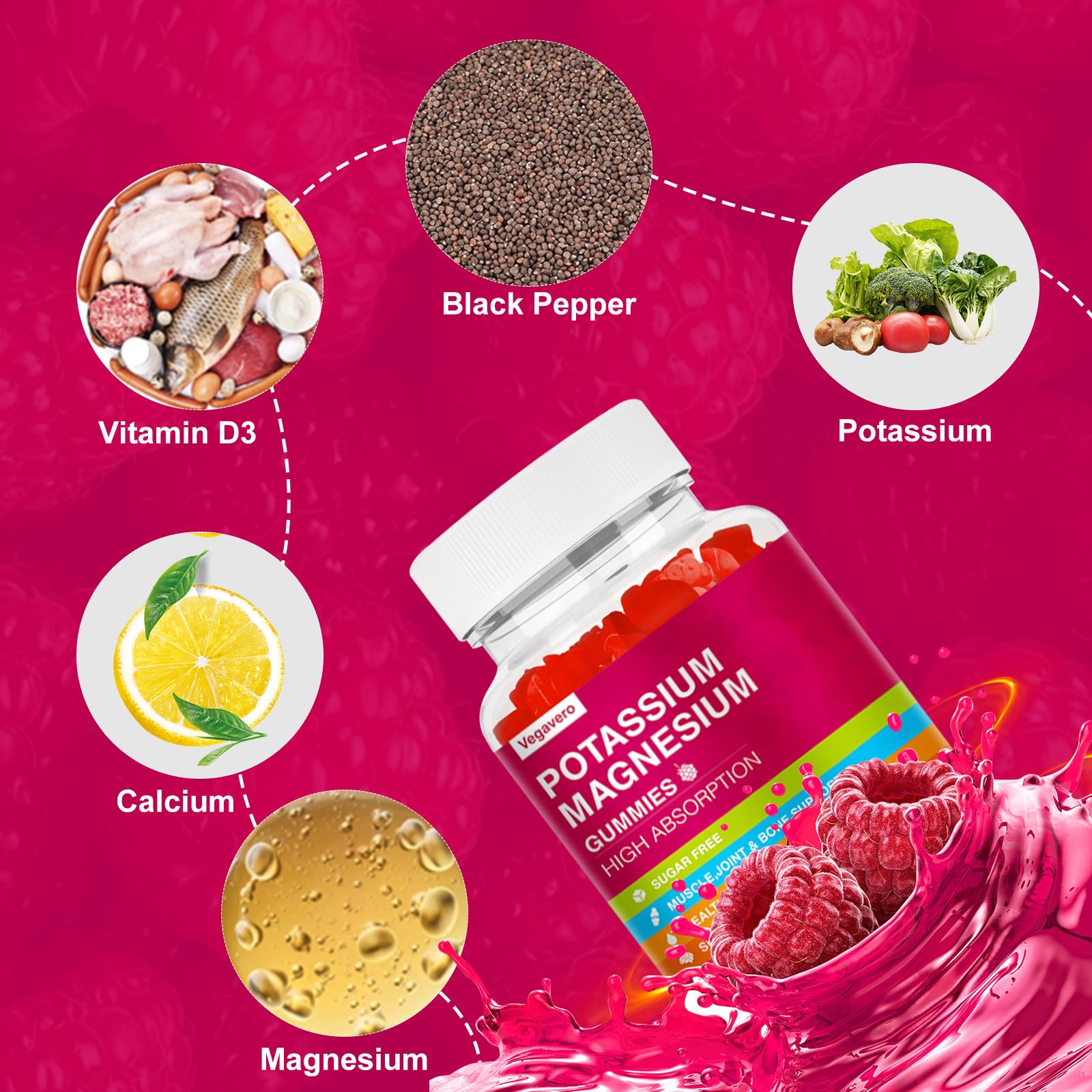 Potassium Magnesium Gummies - High Absorption Magnesium Glycinate & Potassium Citrate Plus Coenzyme Q10, DHA, D3, Mineral & Calcium for Zzz, Leg Cramps & Muscle - 60 Raspberry Gummies Vegavero buy supplements canada