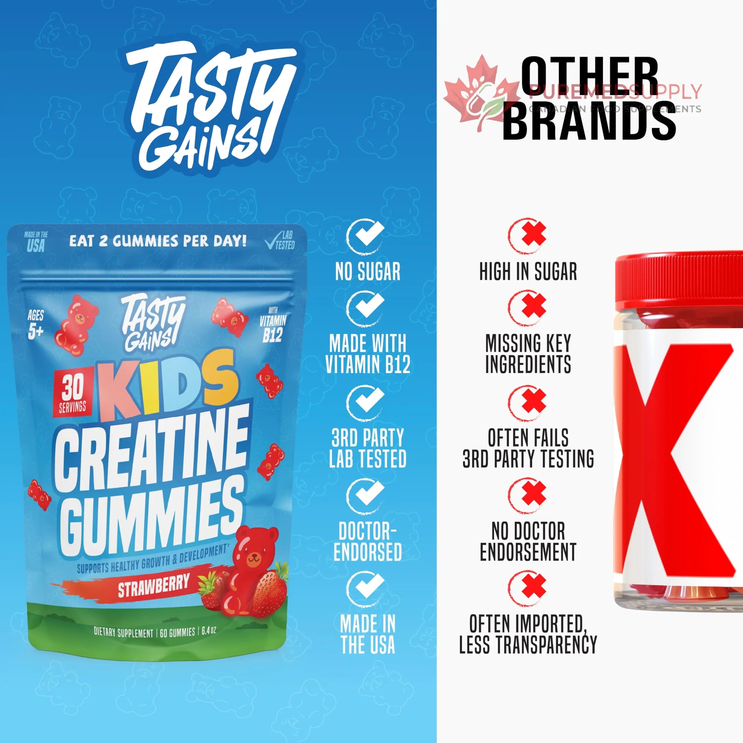 TASTY GAINS Kids & Teen Creatine Gummies with Vitamin B12 for Growth Support, Easy Chew Daily Supplement, Gummy Vitamins for Kids and Teens, Ages 5+ TASTY GAINS buy supplements canada