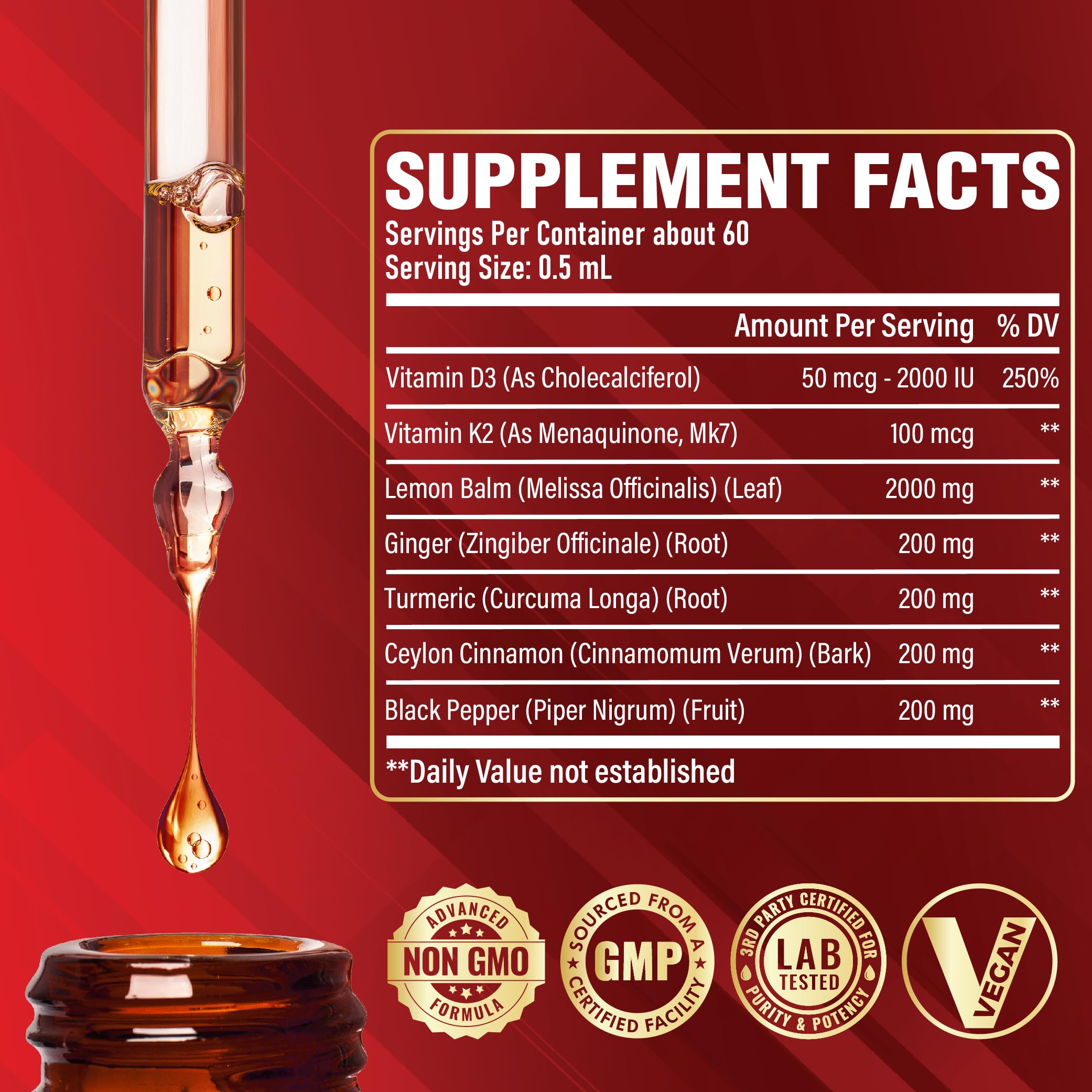 Satoomi 7in1 Lemon Balm Tincture with Vitamin D3, Vitamin K2, Ginger Root, Turmeric, Ceylon Cinnamon and Black Pepper - 1 FL Oz - 60 Day Supply Satoomi buy supplements canada