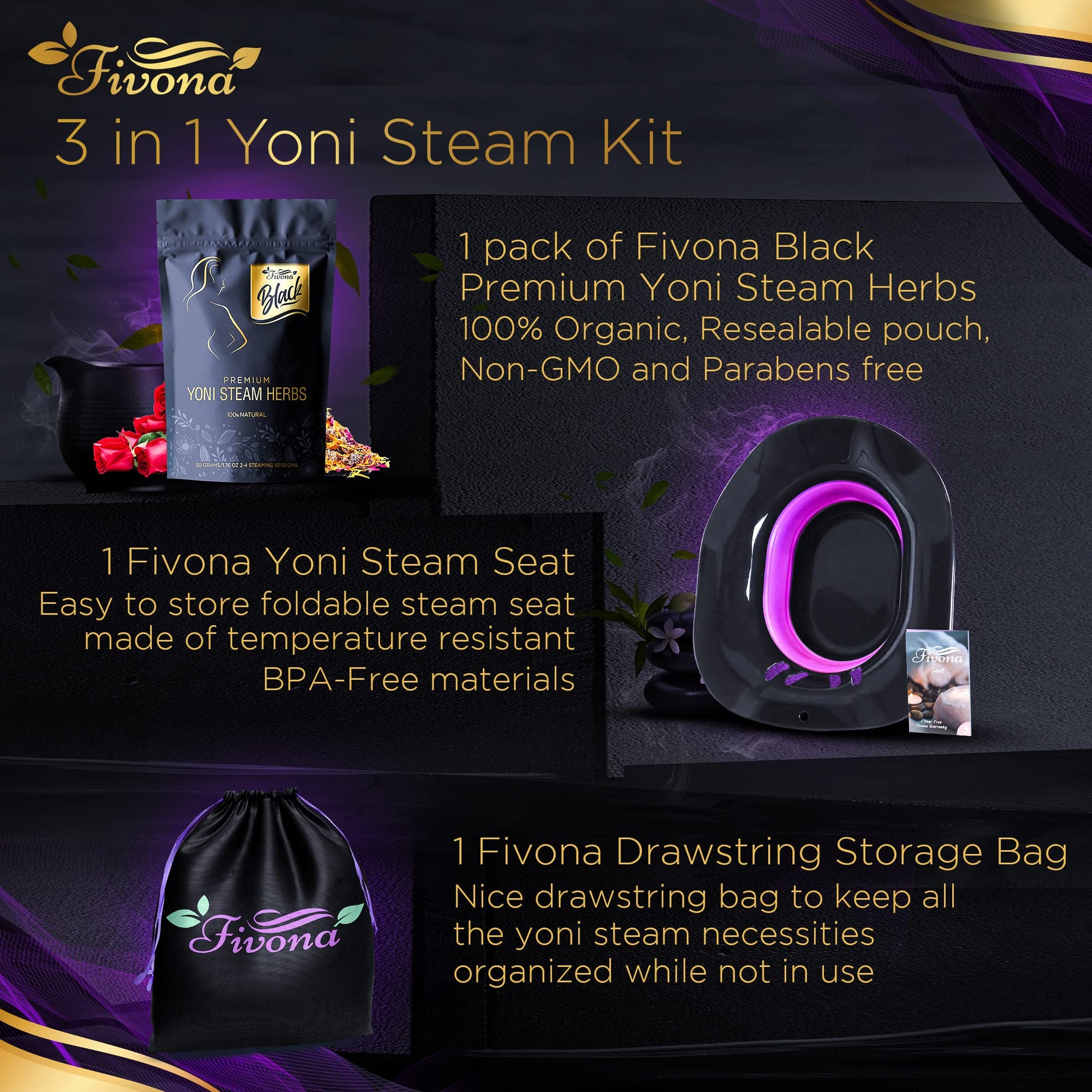 Fivona 3-in-1 Yoni Steam Kit Black - Foldable Over The Toilet Steamer Seat with Herbal Blend and Storage FIVONA buy supplements canada