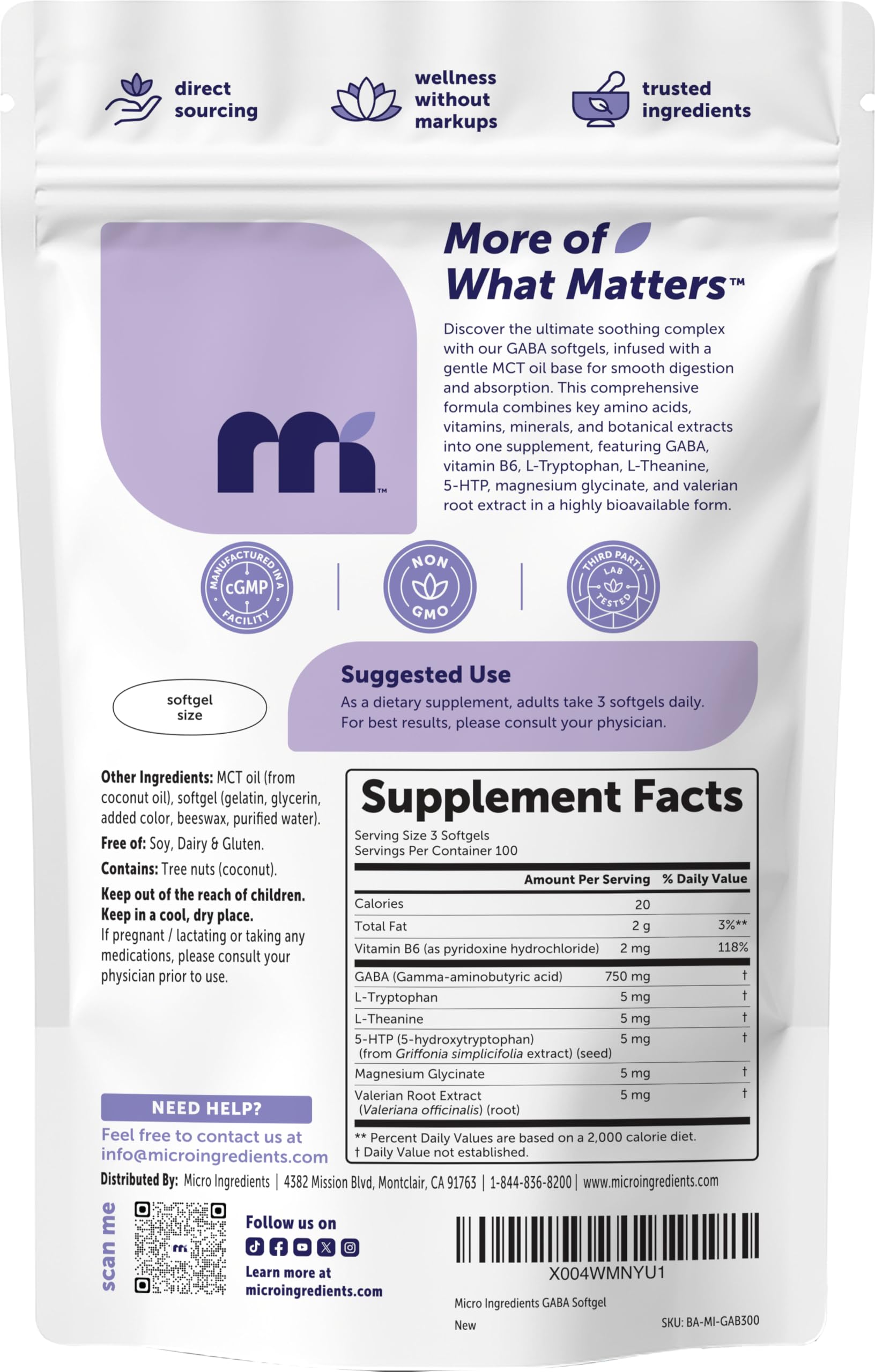 Micro Ingredients GABA 750 mg with MCT Oil, 300 Softgels | Gamma Aminobutyric Acid with Vitamin B6, 5-HTP, L-Theanine, L-Tryptophan & Magnesium Glycinate | Non-GMO, cGMP Manufactured Micro Ingredients buy supplements canada