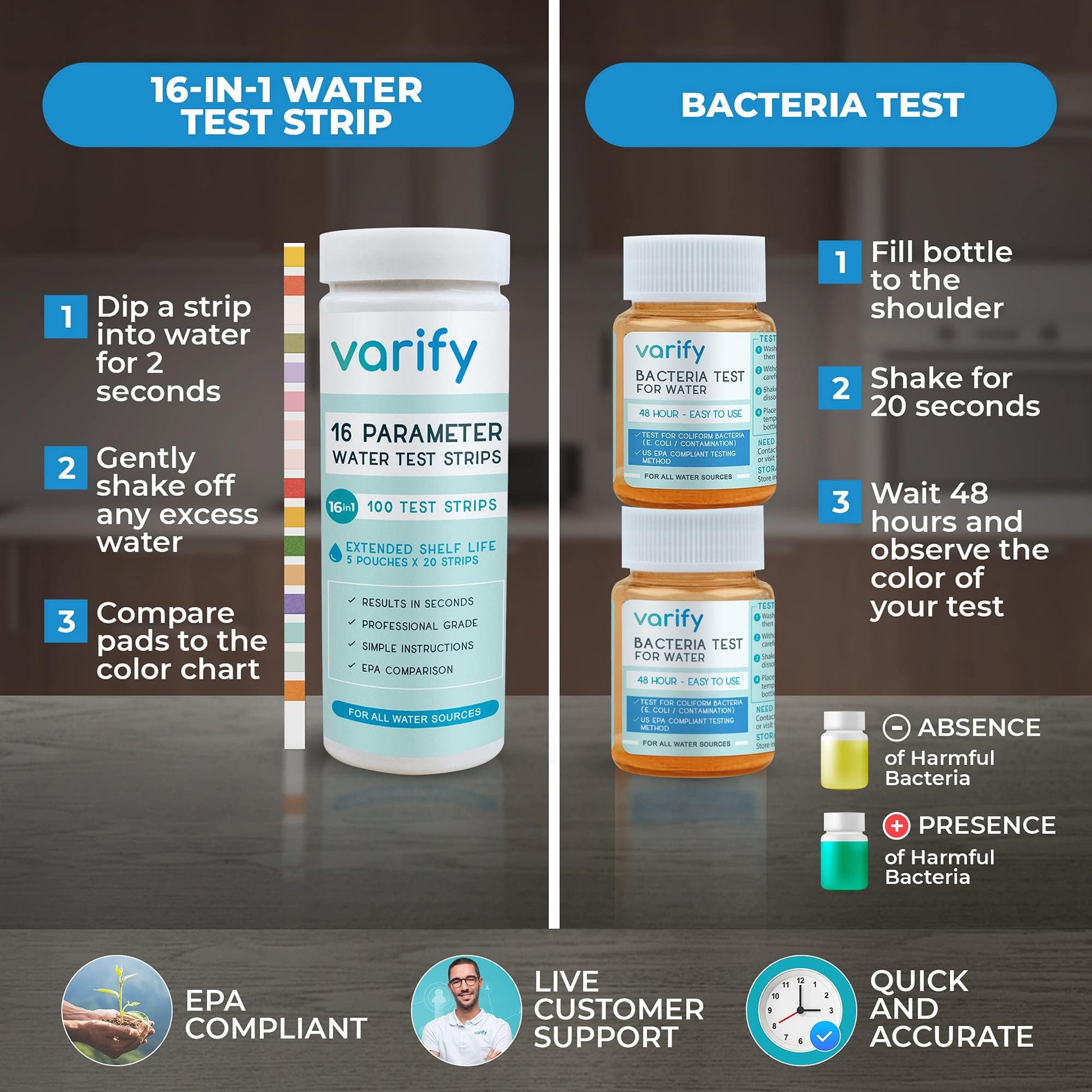 Varify 17in1 Complete Drinking Water Test Kit - 100 Strips + 2 Bacteria Tester Kits - Well, Tap, Home, City Water Testing Strip for Lead, Alkaline, Chlorine, Hardness, Iron, Fluoride, Copper & More VARIFY buy supplements canada