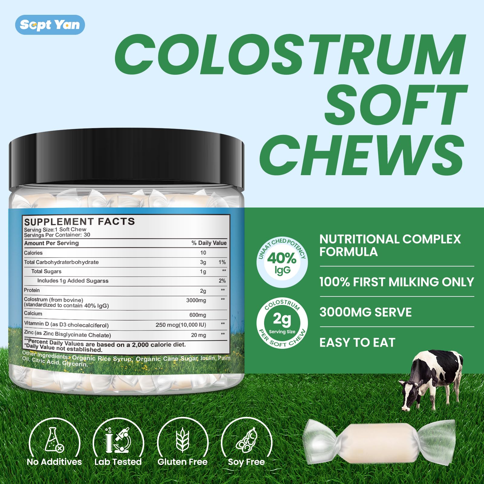 Colostrum Soft Chew Supplement (3000mg + 40% IgG), Concentrated Bovine Colostrum SEPT YAN buy supplements canada