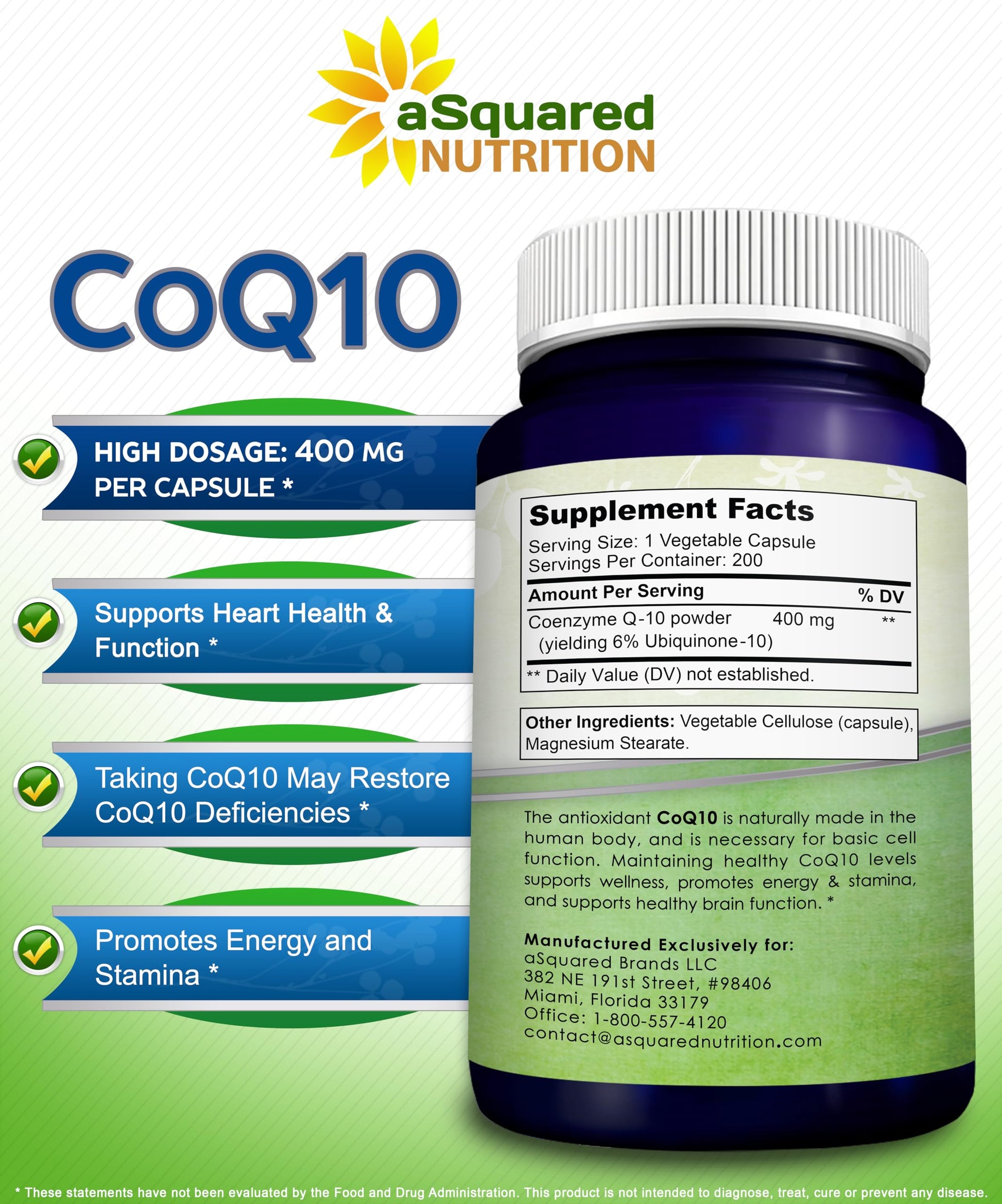 aSquared Nutrition CoQ10 (400mg Max Strength, 200 Capsules) - High Absorption Vegan Coenzyme Q10 Powder - Ubiquinone Supplement Pills, Extra Antioxidant CO Q-10 aSquared Nutrition buy supplements canada