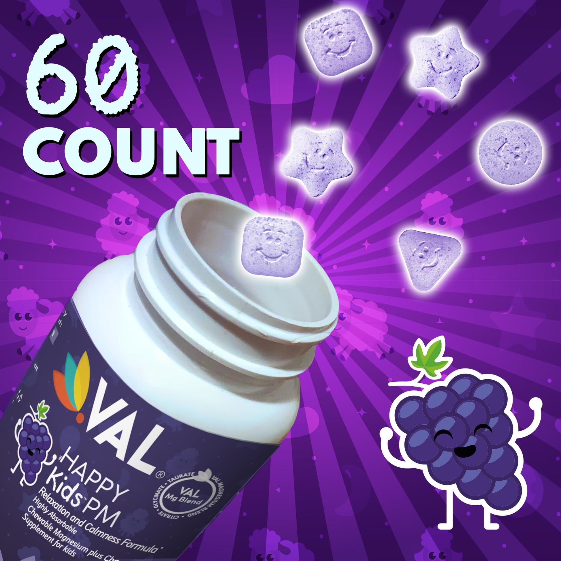 VAL Kids PM Magnesium Gummies | Sugar-Free Chewable Tablets with Chamomile, Magnesium Glycinate + Citrate + Taurate | Vitamin B6 & C | Natural Grape Flavor | Sleep & Calm Support | 60 Ct | Ages 4+ VAL buy supplements canada