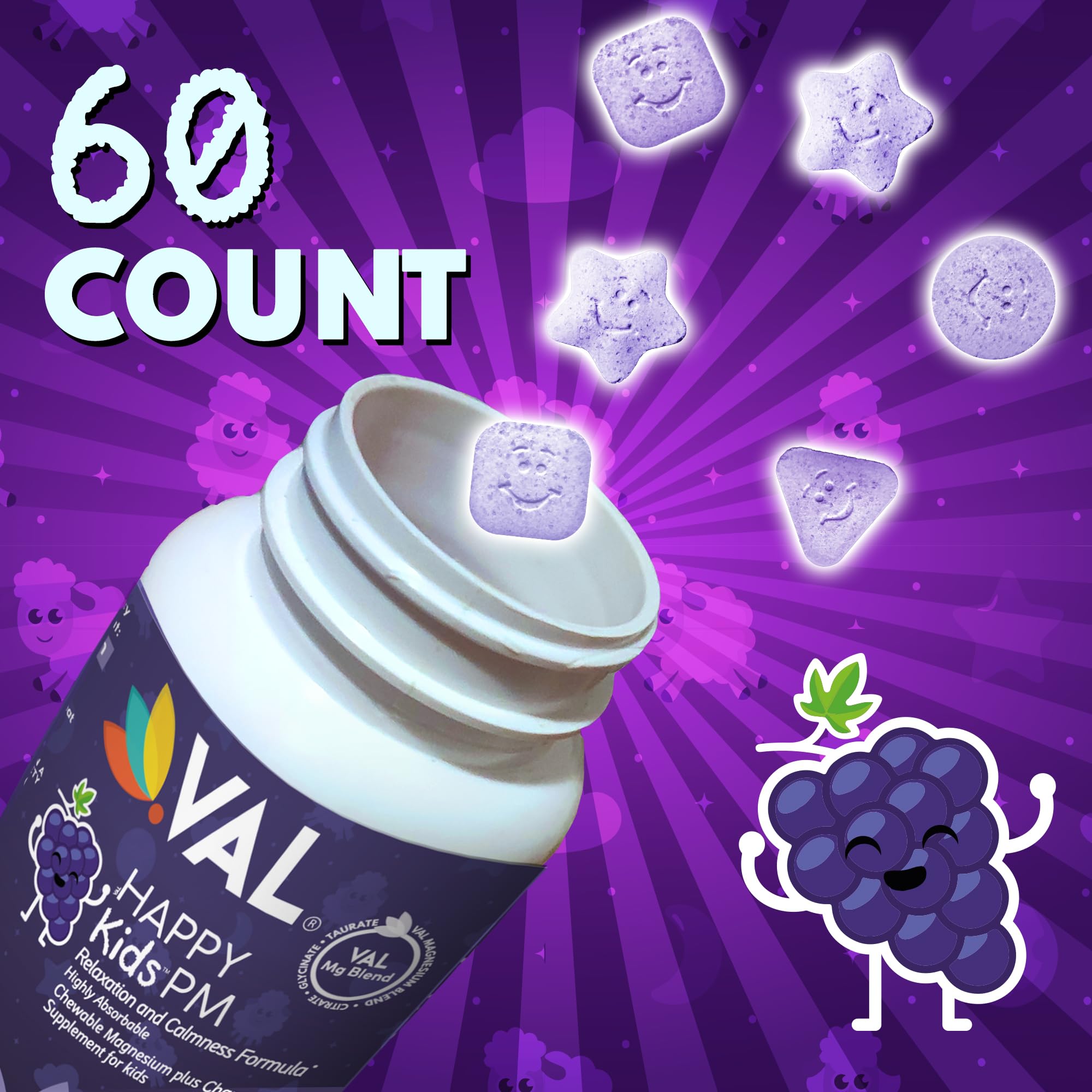 VAL Kids PM Magnesium Gummies | Sugar-Free Chewable Tablets with Chamomile, Magnesium Glycinate + Citrate + Taurate | Vitamin B6 & C | Natural Grape Flavor | Sleep & Calm Support | 60 Ct | Ages 4+ VAL buy supplements canada