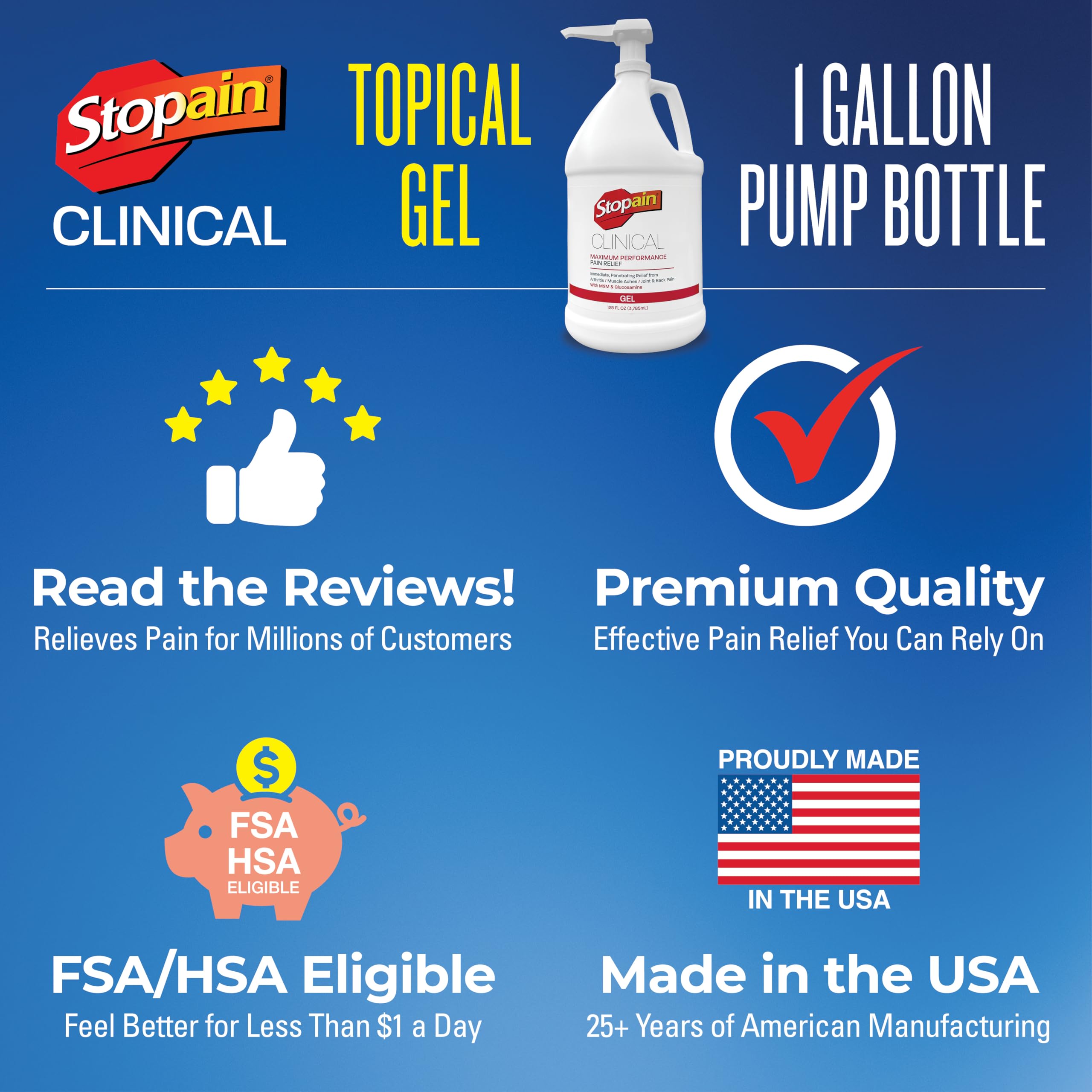 Stopain Clinical Pain Relief Gel 1 Gallon - Professional Formula for Arthritis, Knee, Back & Muscle Pain - Maximum Strength Gel for Joint & Nerve Pains with 10% Menthol Plus Glucosamine - Made in USA Stopain buy supplements canada