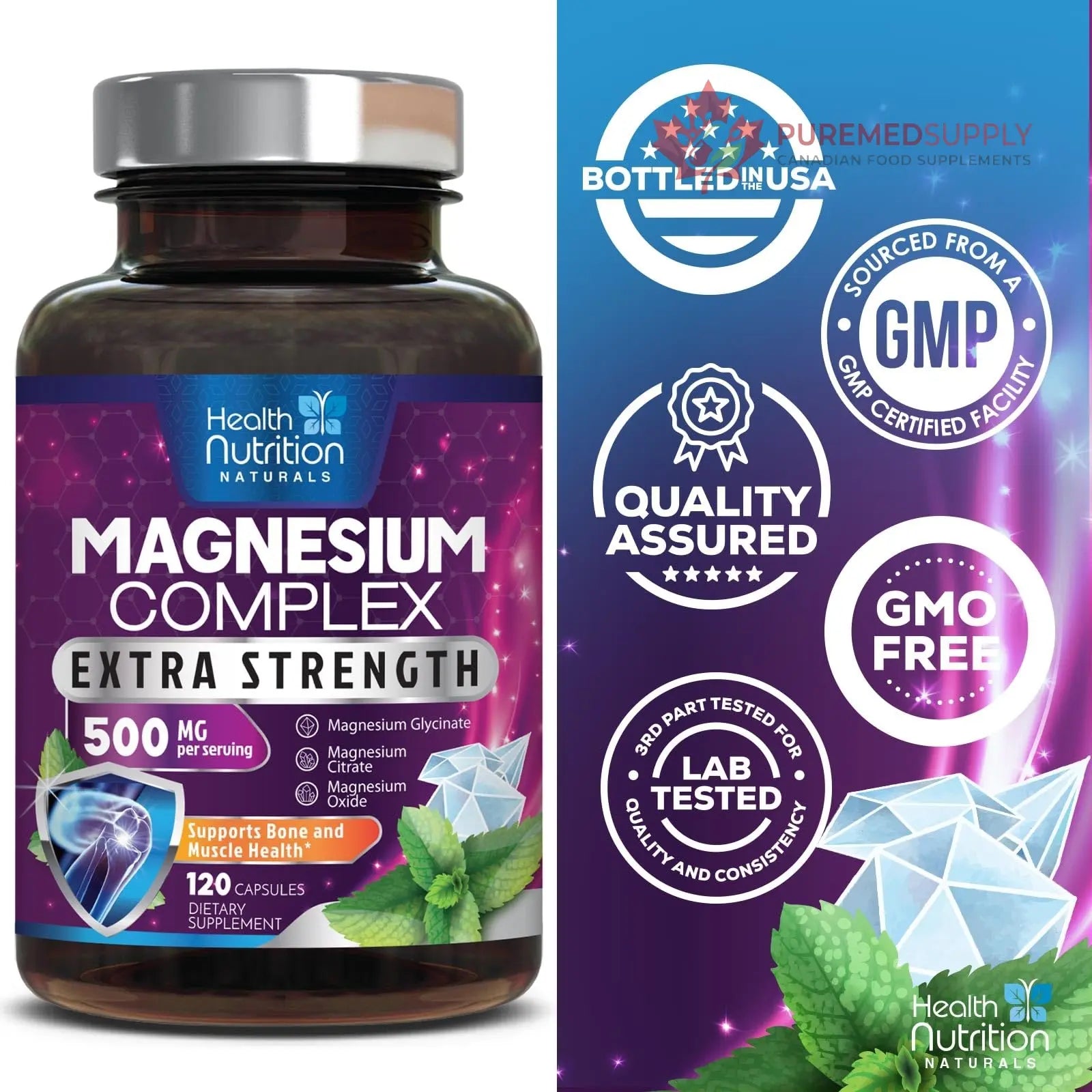 Magnesium Complex Capsules - 500mg per Serving Magnesium - High Absorption Chelated Mineral Supplement - with Oxide, Glycinate, Malate, Citrate for Muscle Bone and Heart Health Support - 120 Capsules Health Nutrition Naturals buy supplements canada