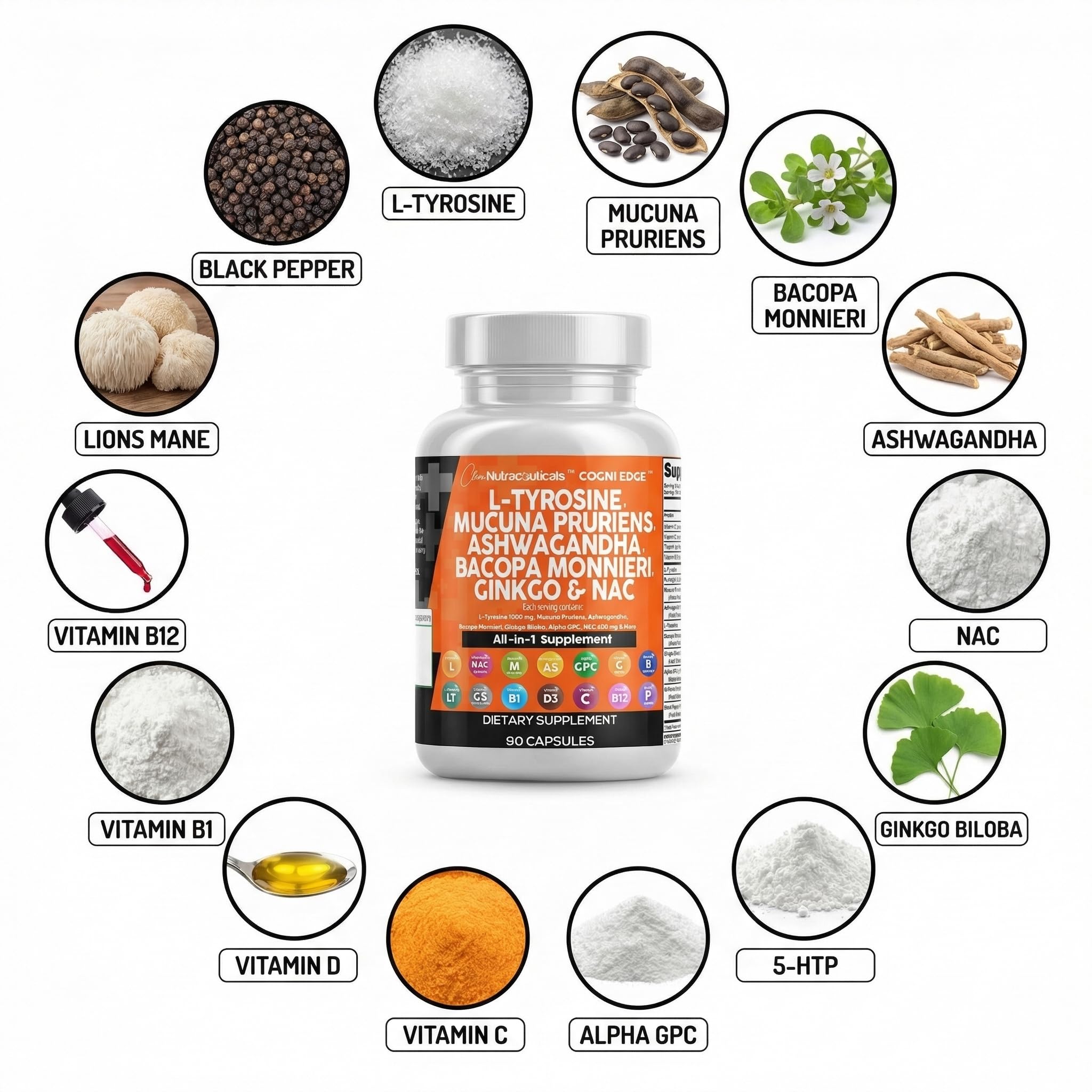 Clean Nutraceuticals L Tyrosine Mucuna Pruriens Bacopa Monnieri Ashwagandha Focus Supplement w/N-Acetyl Cysteine NAC 5-HTP Ginkgo Biloba Alpha GPC Vitamin C D B1 B12 Clean Nutraceuticals buy supplements canada