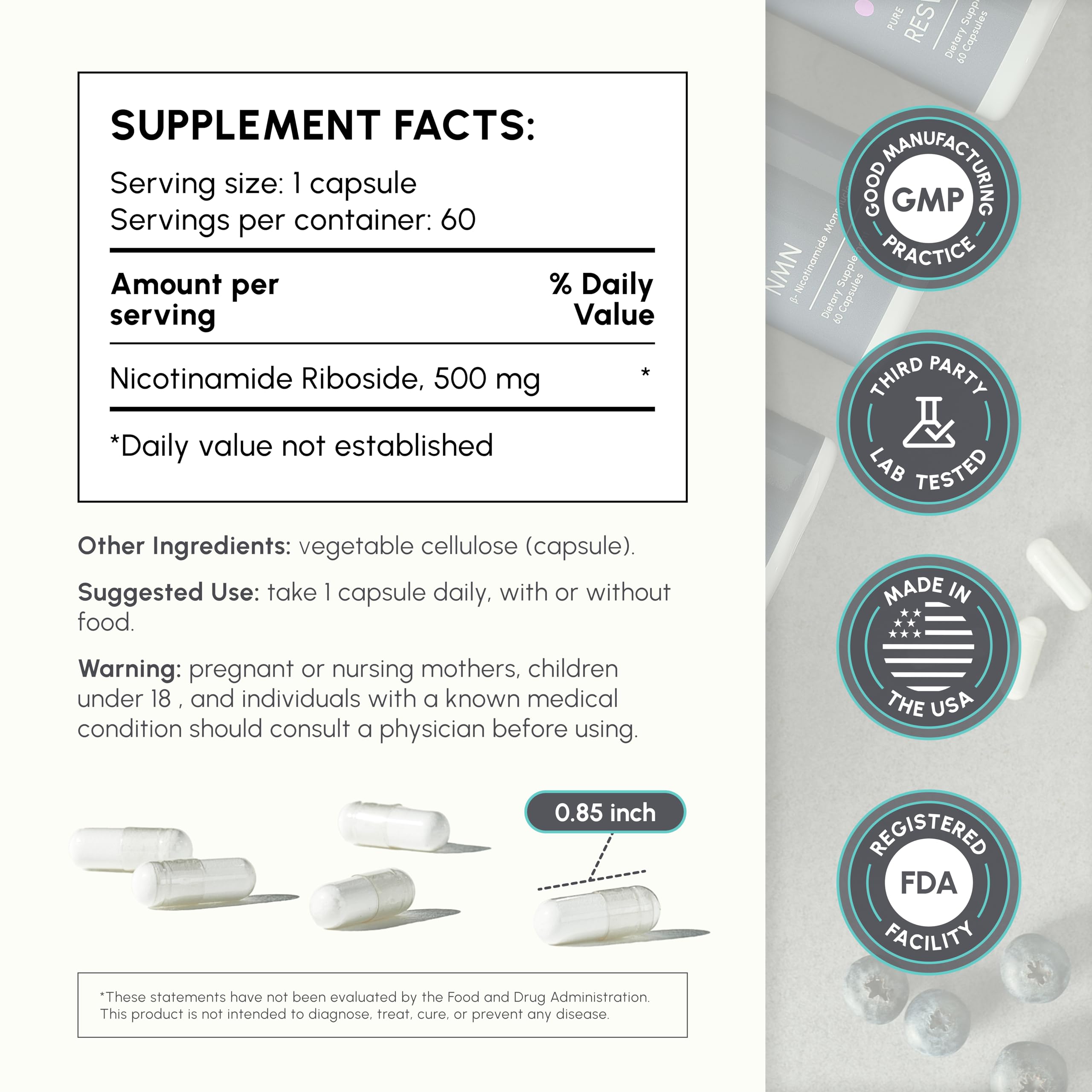 partiQlar Nicotinamide Riboside (NR) 500mg – NR Supplement for Cellular Health, Anti-Aging, Energy & Metabolism Support – 2-Month Supply (60 Capsules) partiQlar buy supplements canada