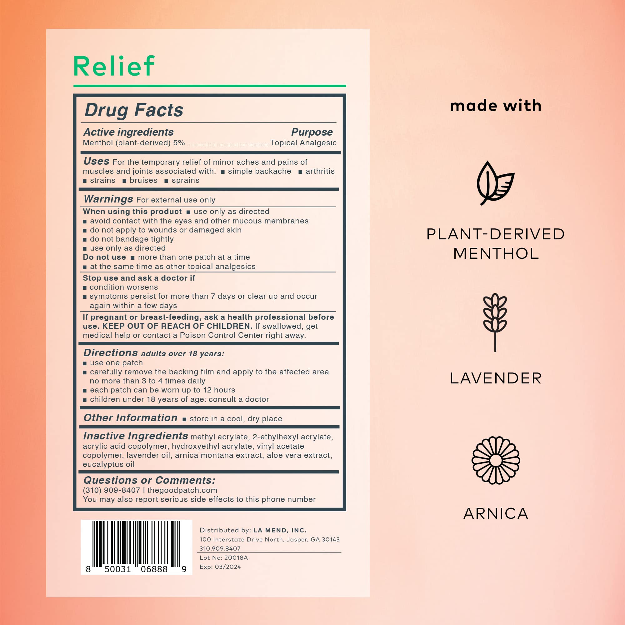 The Good Patch Muscle Pain Relief Patches, Natural Patch with Menthol, Lavender, Arnica and Aloe Vera, Sustained Release, Plant Powered Wearable Wellness, For Back, Neck, Arms, Legs (16 Total Patches) The Good Patch buy supplements canada