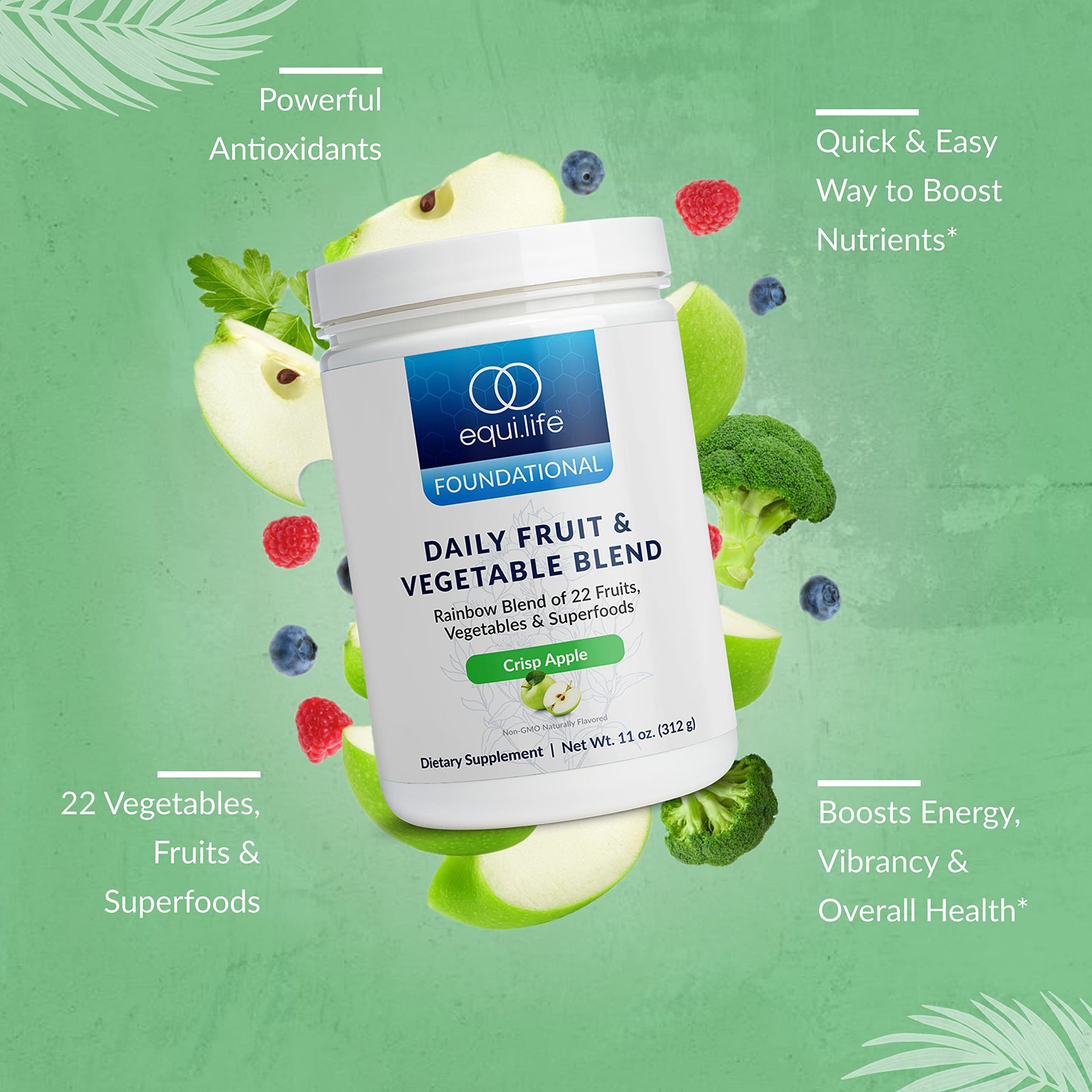 Equilife Daily Fruit & Vegetable Blend, Superfood Antioxidant Supplement, Crisp Apple Flavor with Vitamin C, Fiber, and 9 Essential Amino Acids, Supports Energy, Low Sugar, Vegan, 30 Servings Tub Equilife buy supplements canada