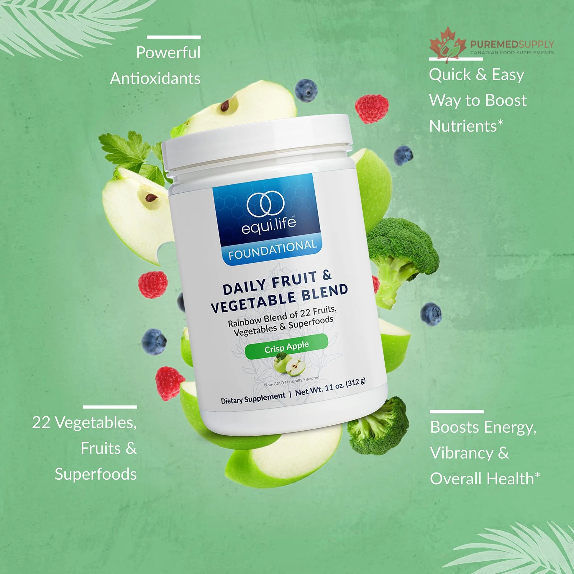 Equilife Daily Fruit & Vegetable Blend, Superfood Antioxidant Supplement, Crisp Apple Flavor with Vitamin C, Fiber, and 9 Essential Amino Acids, Supports Energy, Low Sugar, Vegan, 30 Servings Tub Equilife buy supplements canada