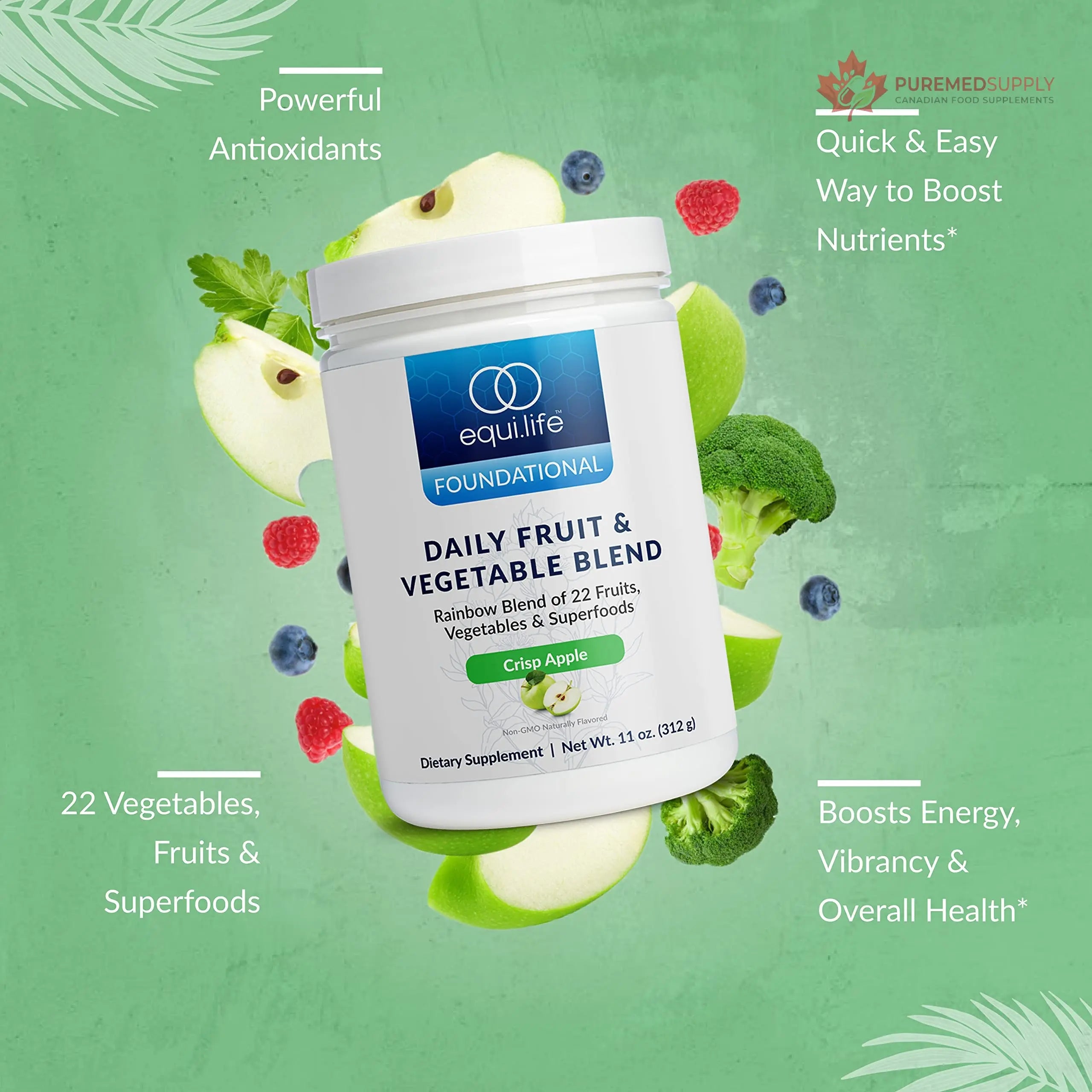 Equilife Daily Fruit & Vegetable Blend, Superfood Antioxidant Supplement, Crisp Apple Flavor with Vitamin C, Fiber, and 9 Essential Amino Acids, Supports Energy, Low Sugar, Vegan, 30 Servings Tub Equilife buy supplements canada