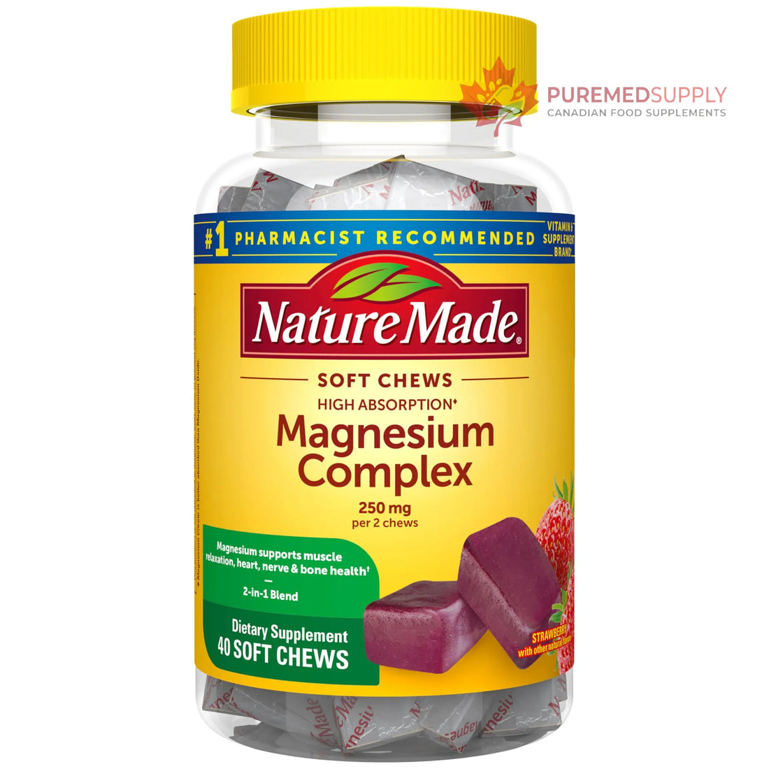 Nature Made High Absorption Magnesium Complex Soft Chews, Magnesium Supplement for Muscle, Heart, Bone Support, Magnesium Citrate & Malate Blend 250 mg per Serving, 40 Vegetarian Chews, 20 Day Supply Nature Made buy supplements canada