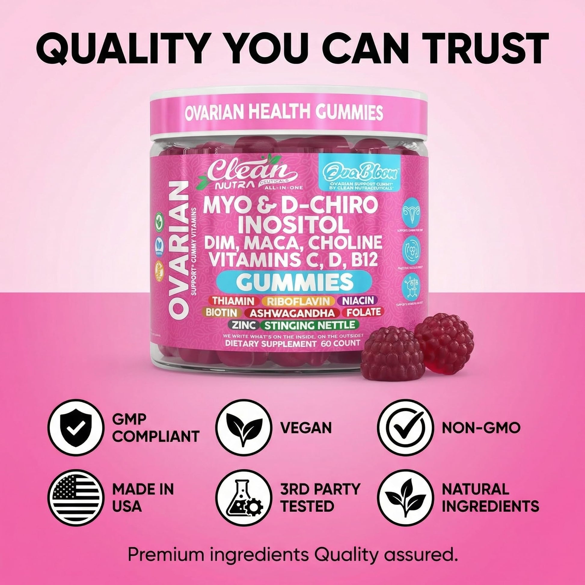 OVA Bloom Ovarian Support Gummies Myo Inositol D-Chiro Inositol Choline Flax Biotin Riboflavin Thiamin Niacin Ashwagandha DIM Maca Root Vitamin C D3 B12 Zinc 60 Count By Clean Nutra Clean Nutraceuticals buy supplements canada