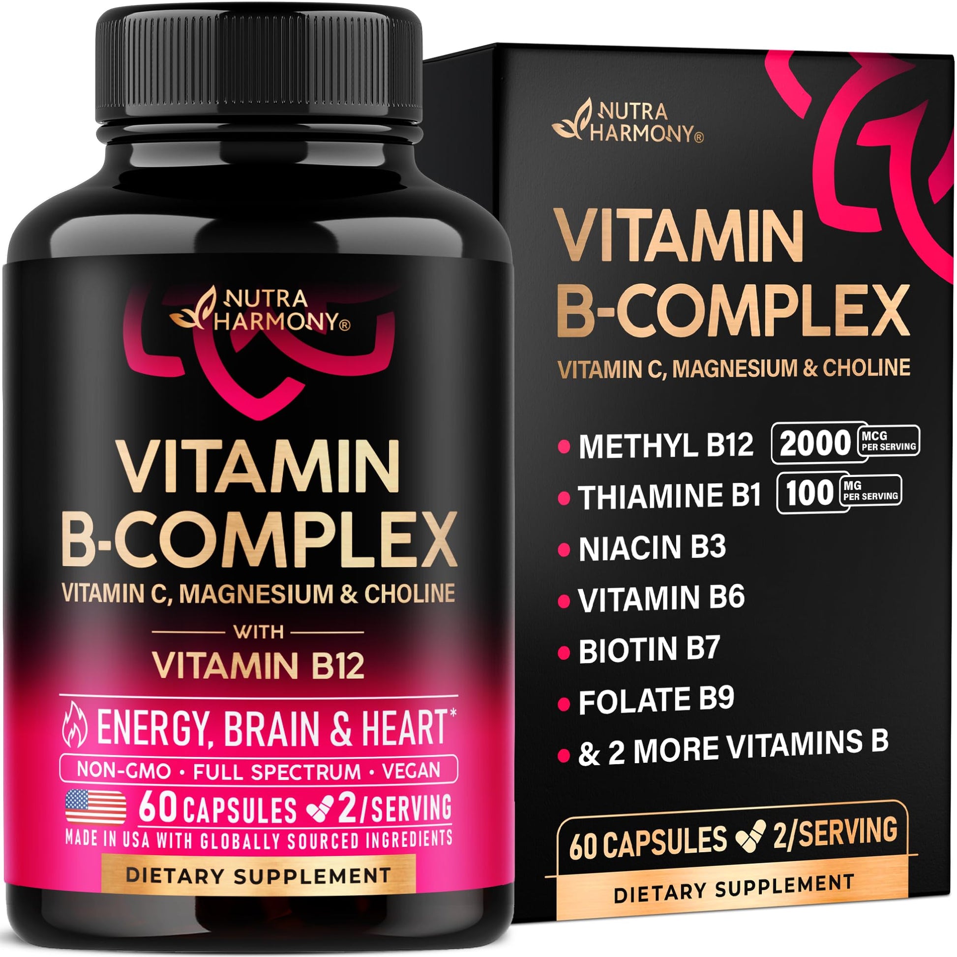 Vitamin B Complex for Men & Women - Riboflavin B2, B12, B1, B3, B5, B6, B7, B8, B9 | Vitamin C, Choline, Inositol - B-Complex Supplement - Energy, Brain & Heart Support - Made in USA, 60 Vegan Caps NUTRAHARMONY buy supplements canada