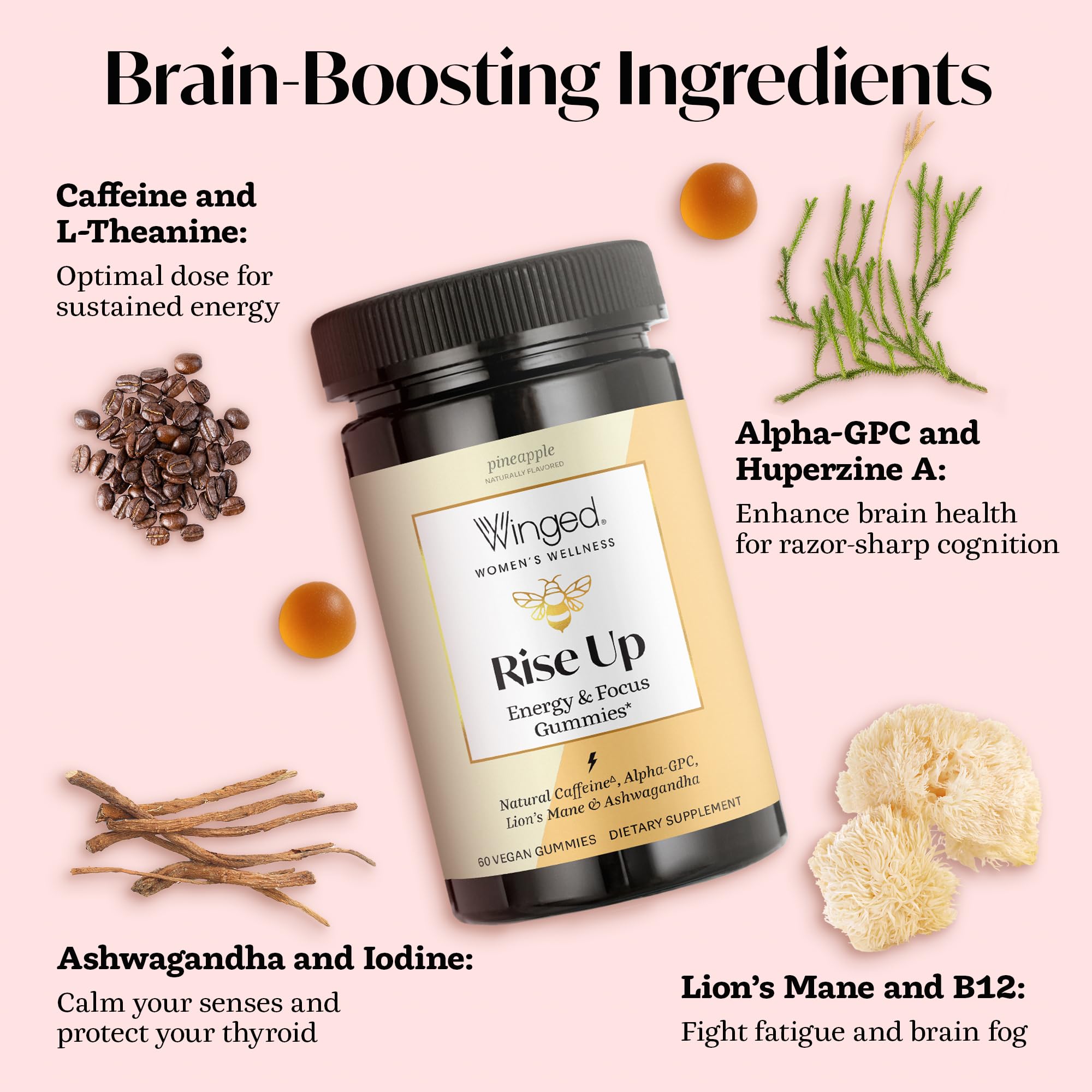 Winged Wellness Rise Up, Energy & Focus Gummies for Women - Daily Brain Boost Gummy Supplement with Natural Caffeine, Ashwagandha, B12, Nootropics Alpha-GPC & Lion’s Mane - Pineapple, 60 Gummies Winged Wellness buy supplements canada