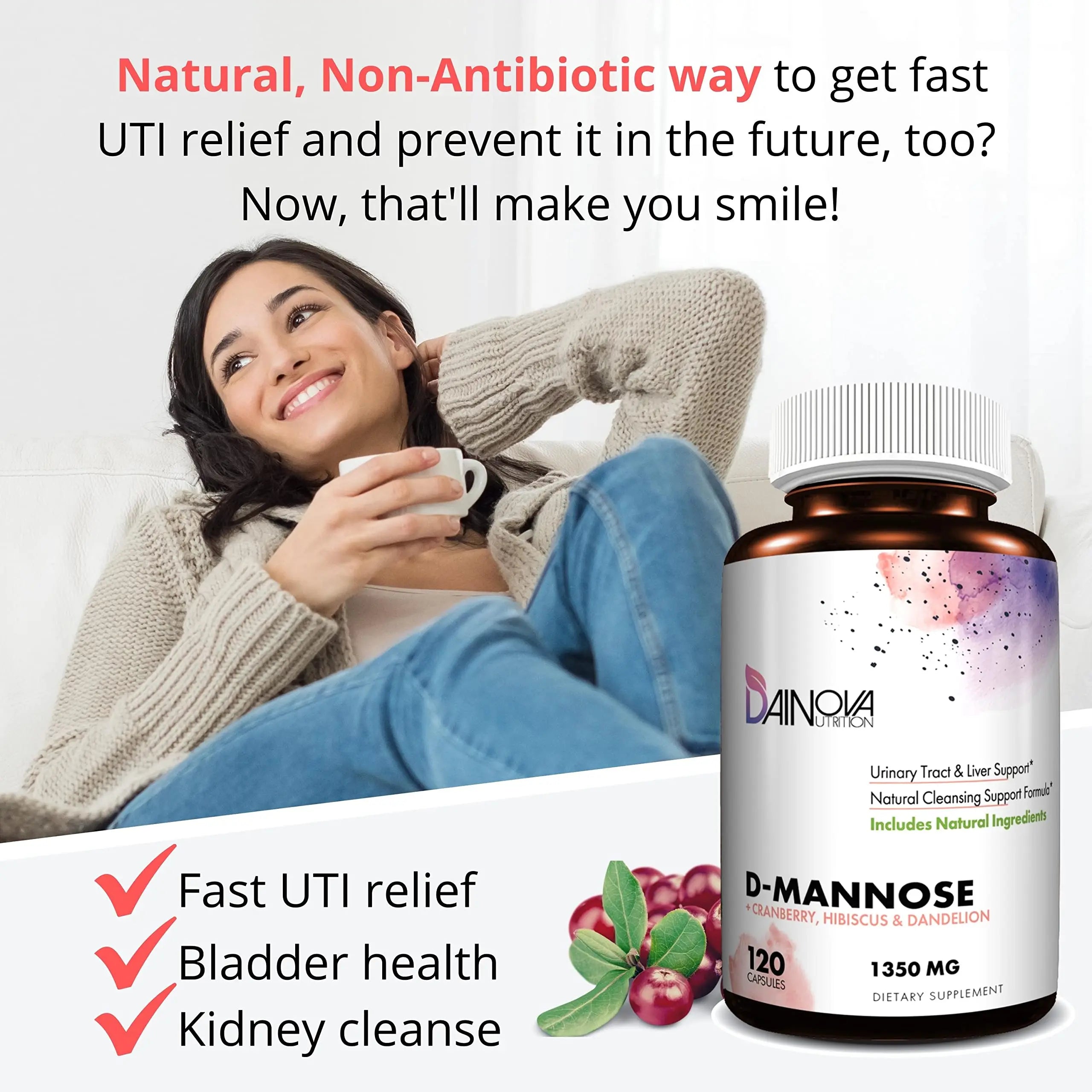 Dainova D Mannose 1350mg with Cranberry I D-Mannose Capsules for UTI Prevention, Urinary Tract Support, Urinary Tract Health for Women, & Cleanse. W/Hibiscus & Dandelion, 120 Veggie Capsules Dainova Nutrition buy supplements canada