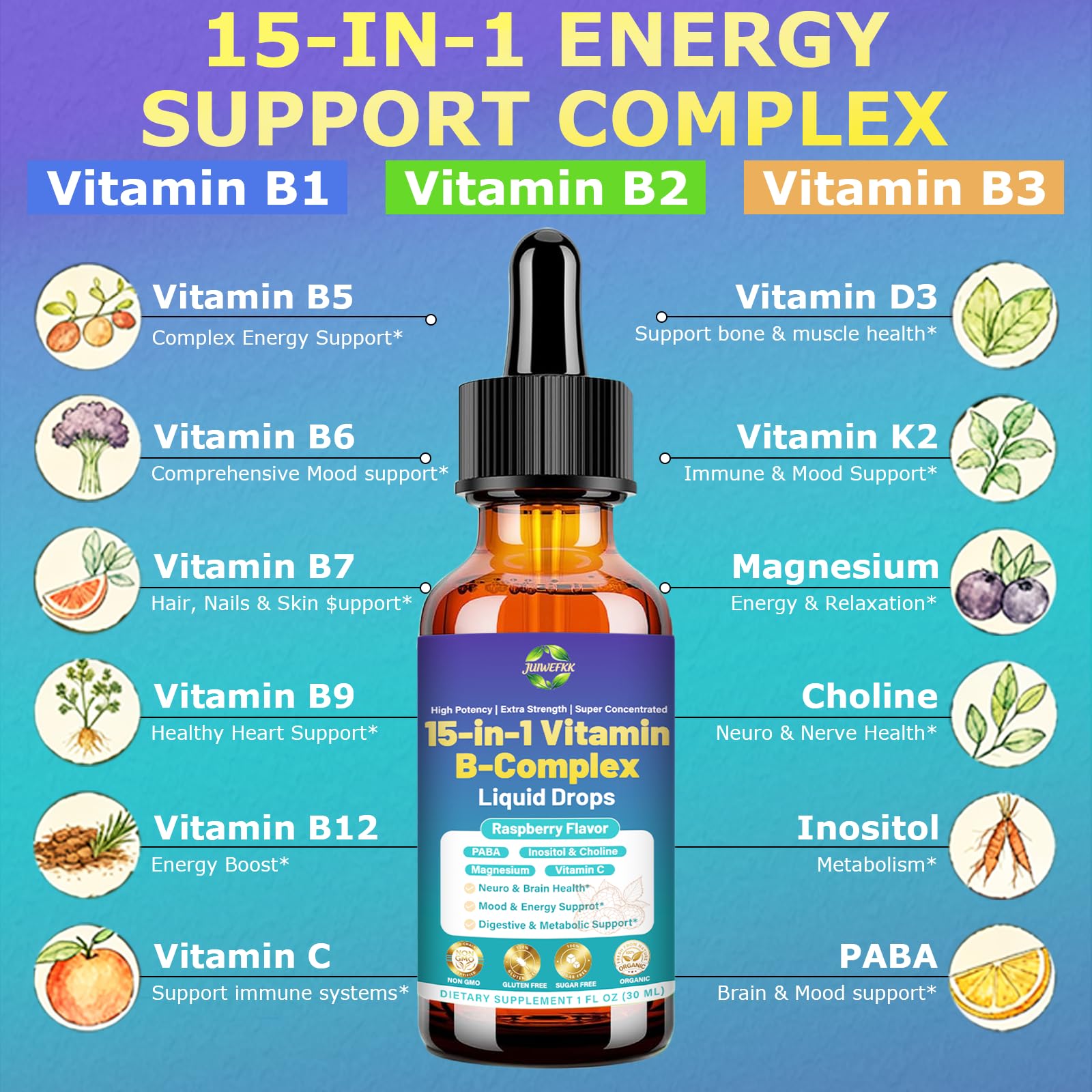 Advanced Vitamin B Complex Liquid Drops for Women Men & Kids, 15-in-1 VIT B Complex with Vitamin C B12 B6 B1 Niacin Folate for Brain Nerve Neuropathy Energy Mood Health, Sublingual B-Complex Drops JUIWEFKK buy supplements canada