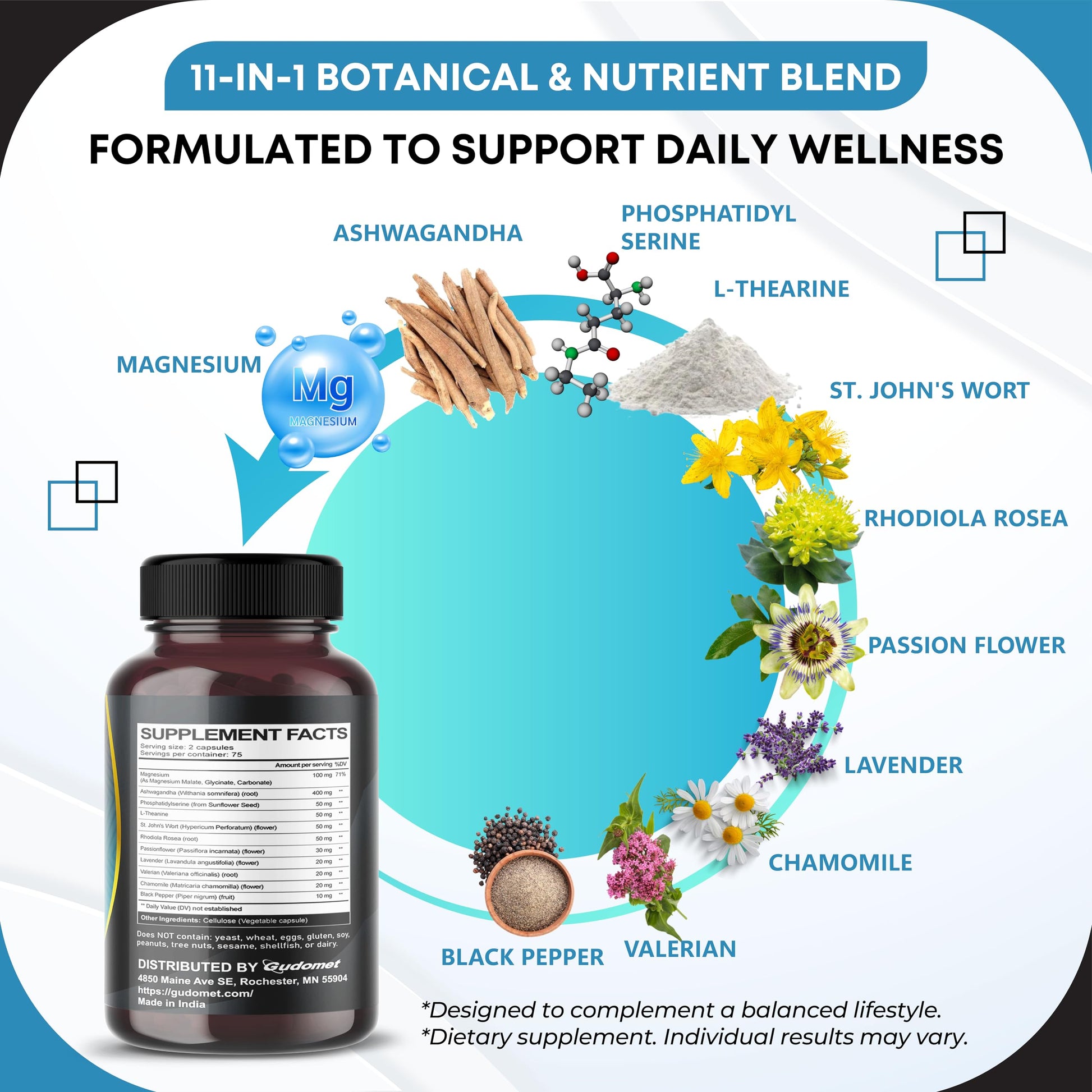 GUDOMET CORTISOL Wellness Magnesium Ashwagandha L-Theanine Phosphatidylserine Rhodiola Rosea Passionflower Lavender Chamomile -150 Capsules GUDOMET buy supplements canada