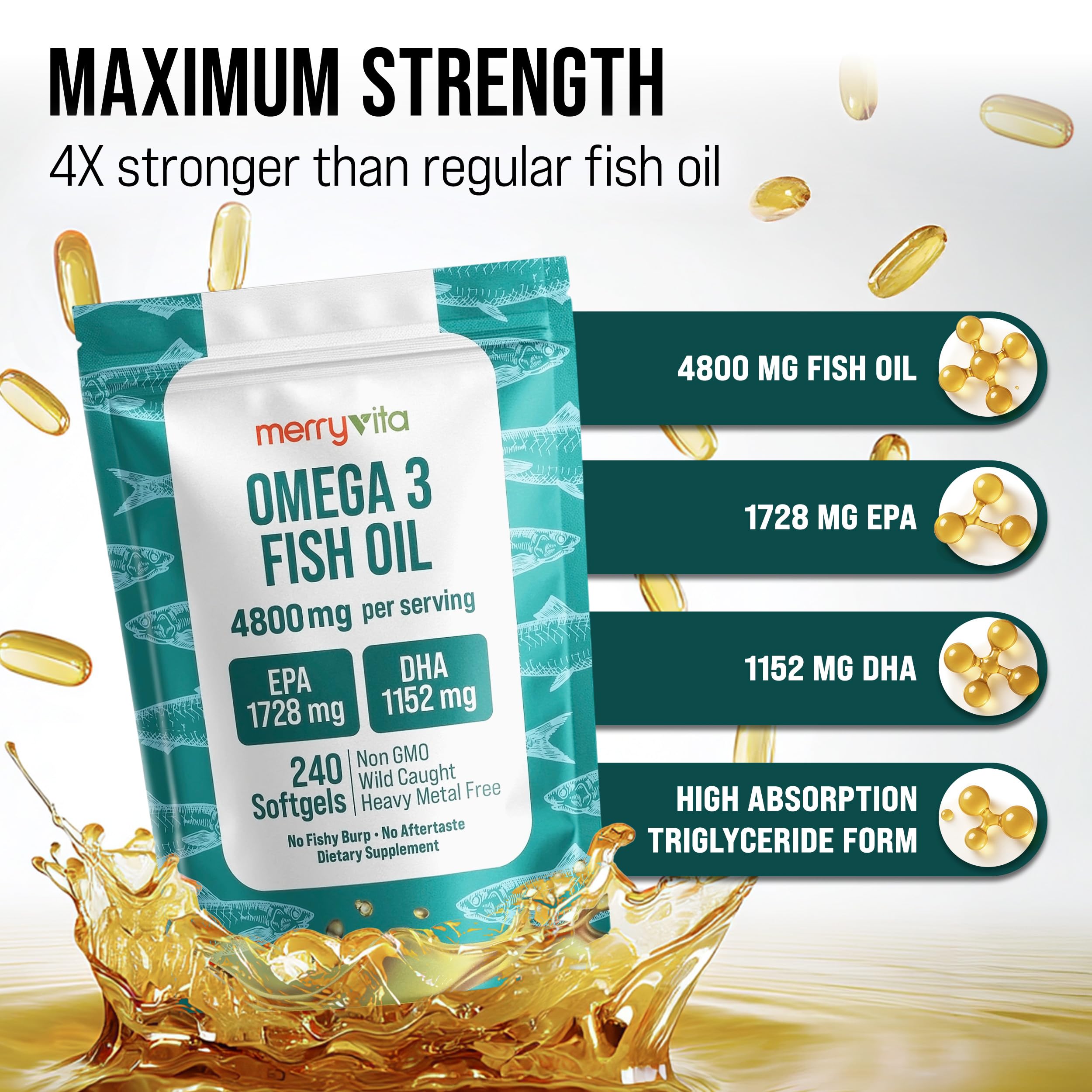 Omega 3 Fish Oil 4800 mg – EPA 1728 mg | DHA 1152 mg from Wild-Caught Anchovies – Burpless Mini Softgels – Pure Omega-3 Fatty Acid Supplement – Non-GMO, Gluten-Free, No Aftertaste – 240 Capsules MERRY VITA buy supplements canada
