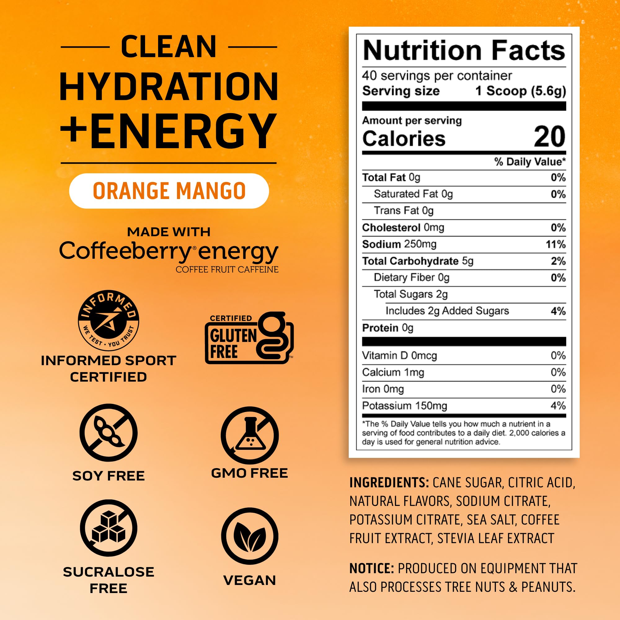 Ascent Clean Hydration + Energy Electrolytes Powder - 100mg Caffeine, 400mg Electrolytes, No Artificial Ingredients, Orange Mango 40 Servings Ascent buy supplements canada