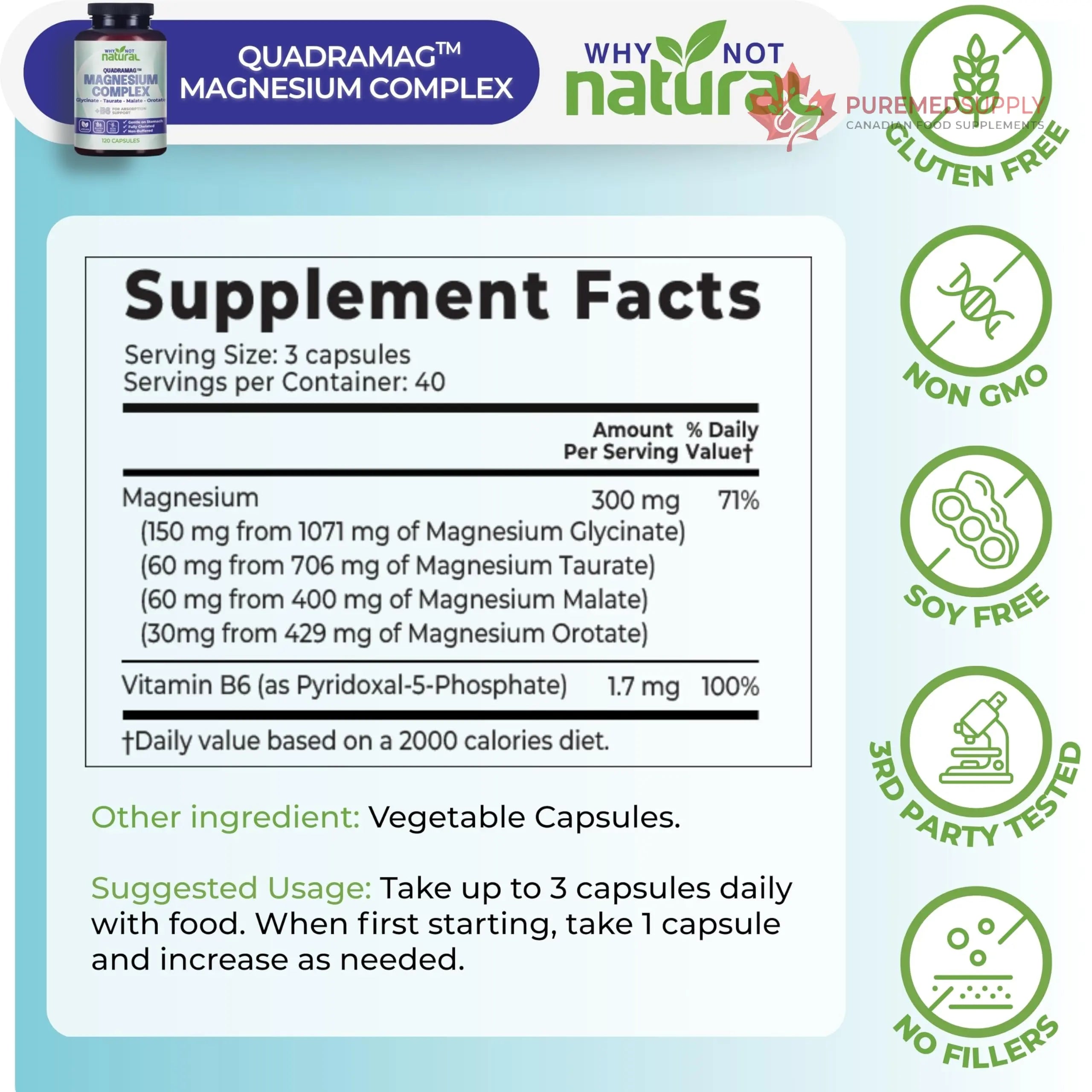 4-in-1 Magnesium Complex Supplement - Glycinate, Taurate, Malate, Orotate Blend - 300 mg per Serving, 120 Capsules Why Not Natural buy supplements canada