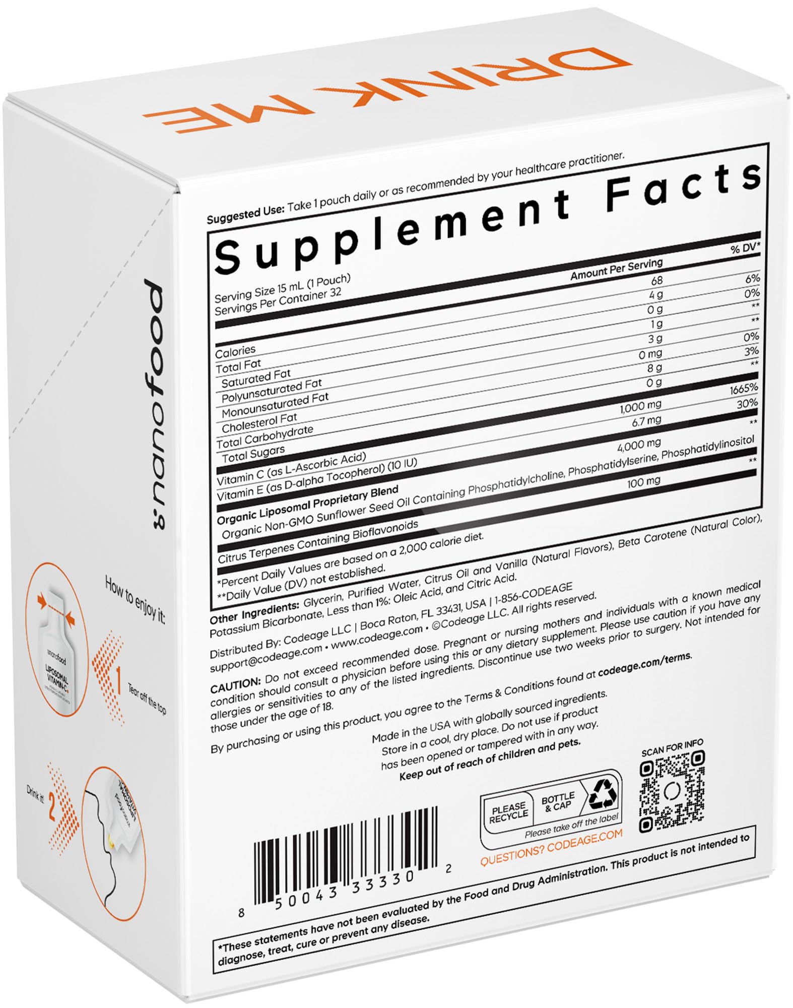 Codeage Liposomal Vitamin C Liquid 1000mg Vitamin C, 4000mg Essential Phospholipids, Supplement For Daily Immune Support, Liposomes For Absorption, Citrus Bioflavonoids, Vitamin E, Non-GMO, 32 Pouches Codeage buy supplements canada