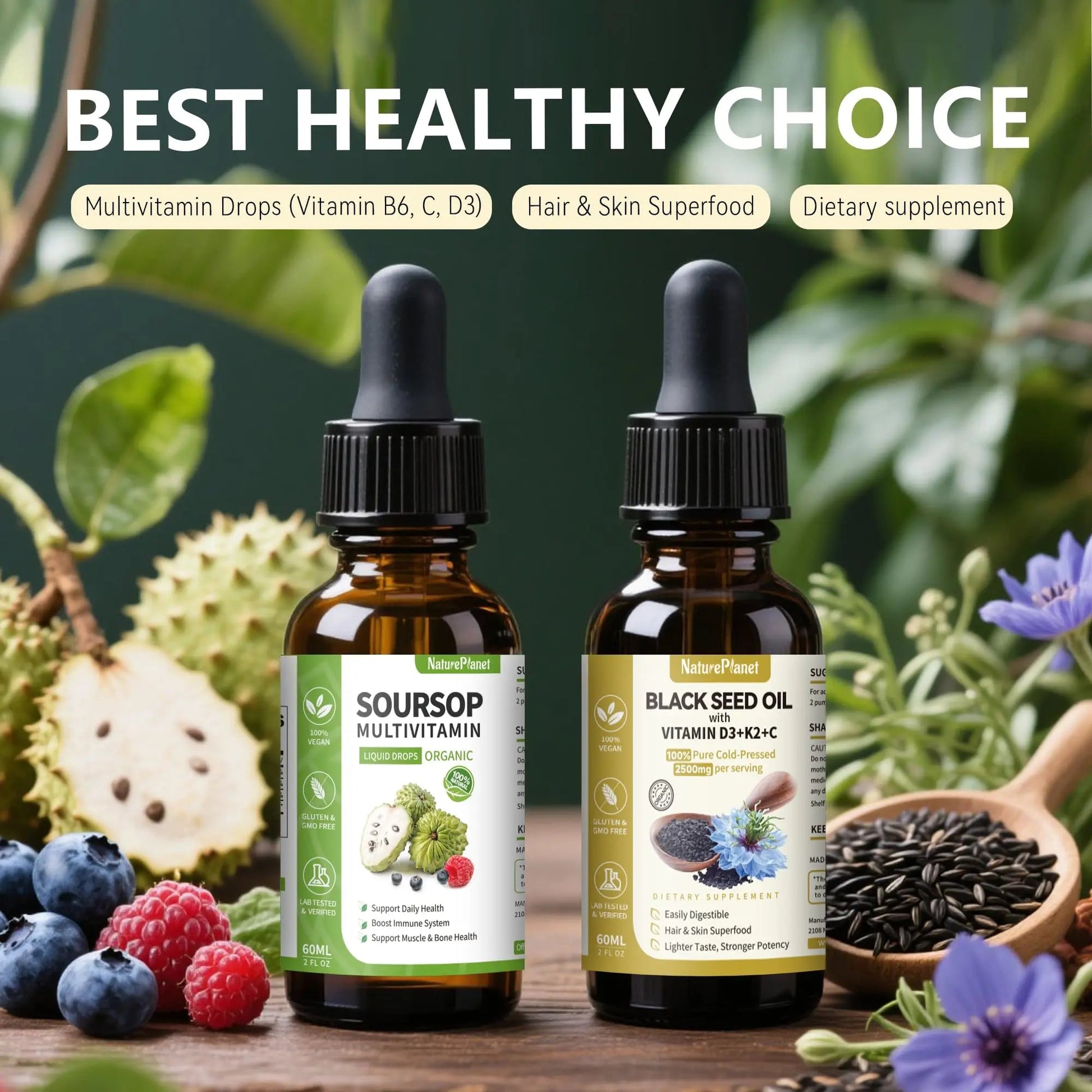 NaturePlanet Organic Soursop Bitters and Black Seed Oil Drops Bundles with Vitamins D3, K2, B6, C | NaturePlanet buy supplements canada