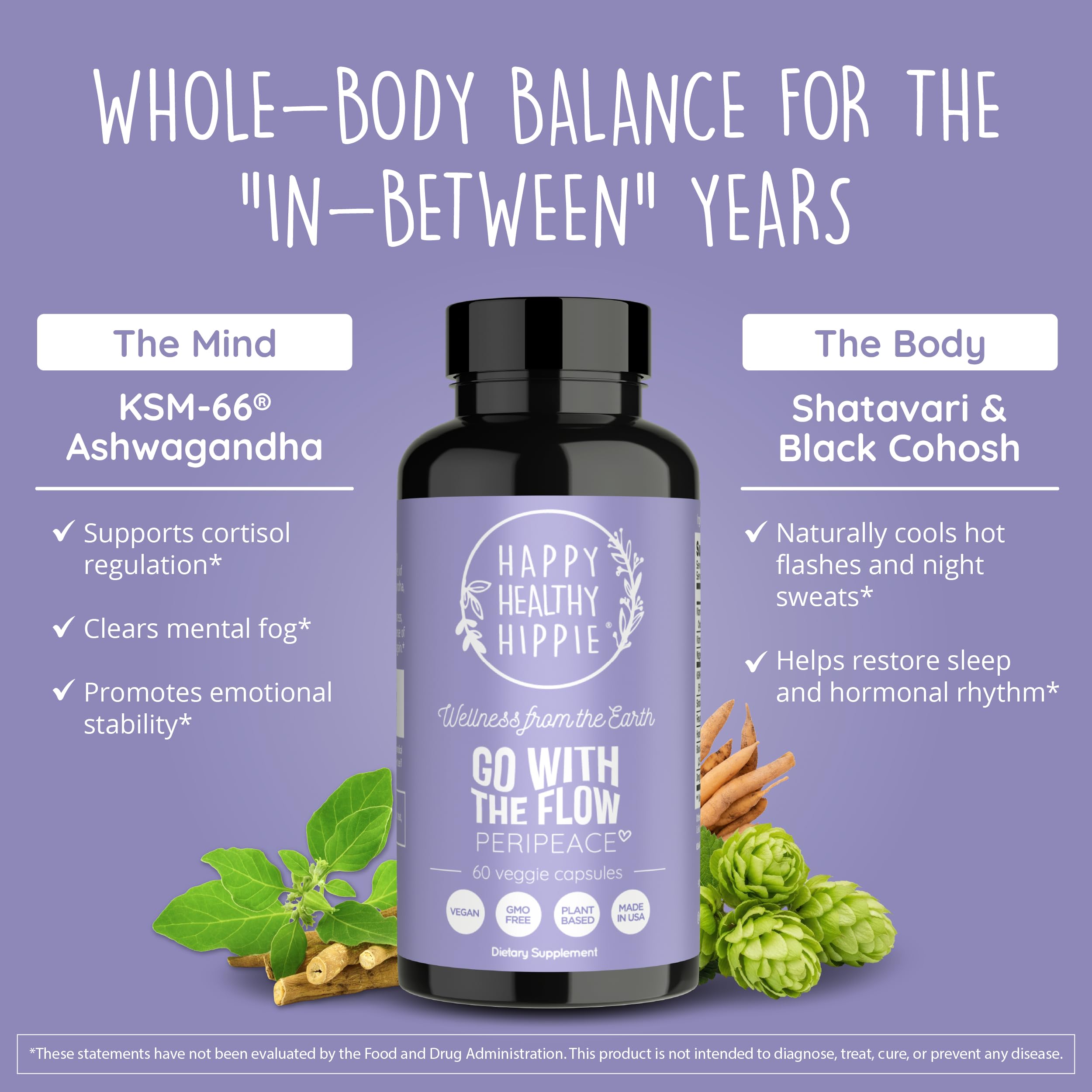 Perimenopause Supplements for Women | Hot Flash, Night Sweat, Mood & Sleep Support | Vegan Hormone Balance Capsules with KSM-66 Ashwagandha, Shatavari & Black Cohosh | Estrogen-Free, 60ct Happy Healthy Hippie buy supplements canada