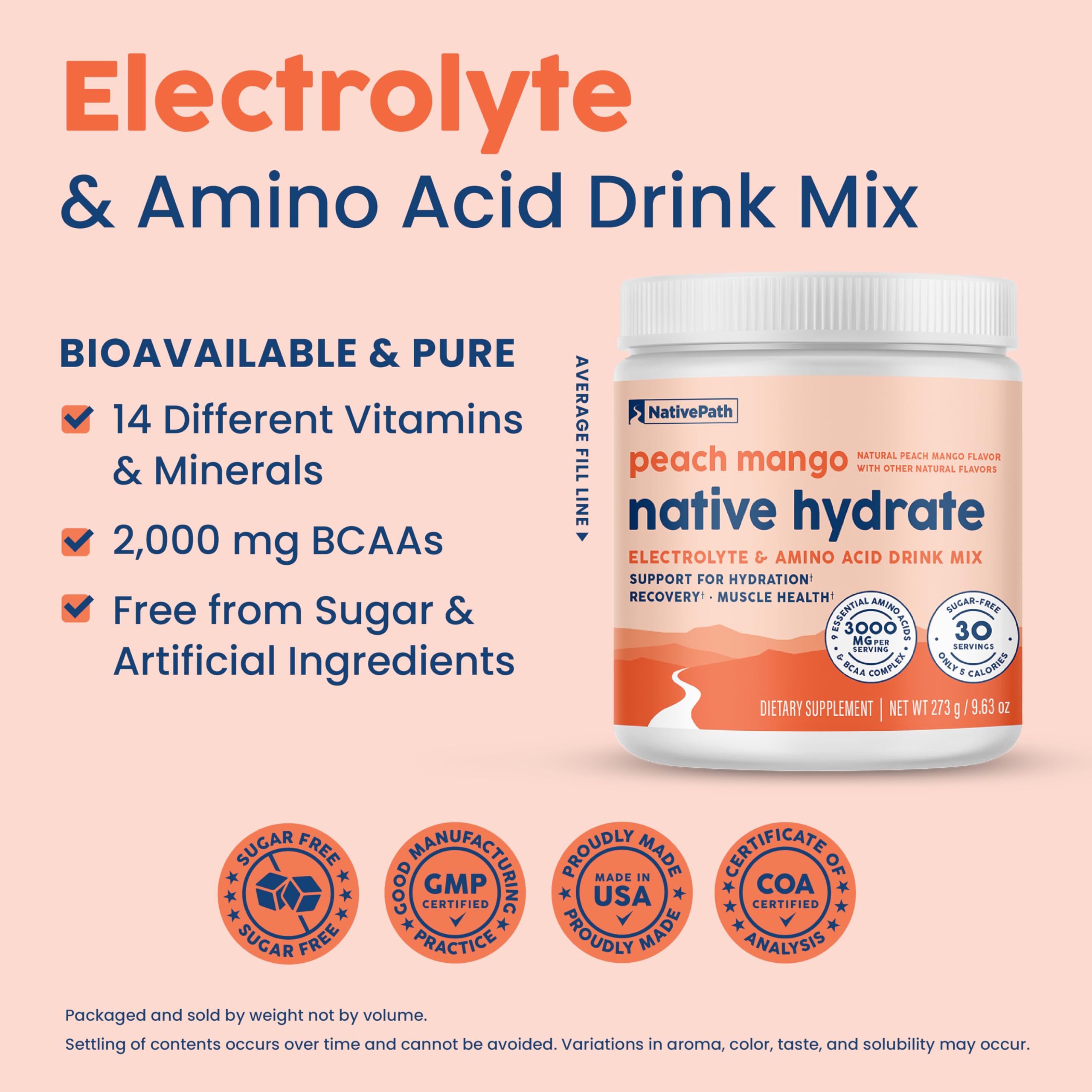 NativePath Hydrate, Zero Sugar, Electrolytes Powder with BCAAs, Peach Mango Hydration, Keto & Paleo Friendly, 30 Servings NativePath buy supplements canada