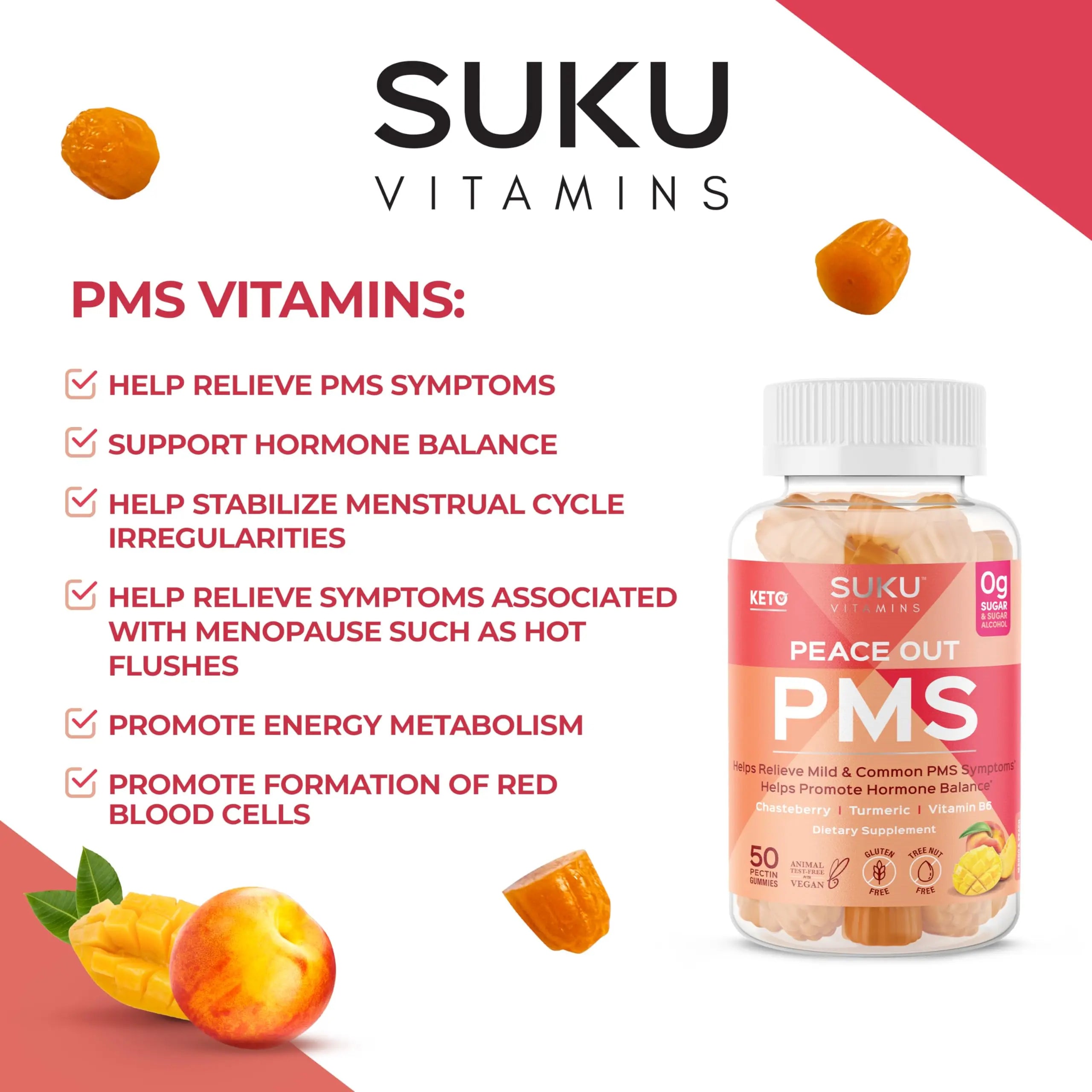 SUKU Vitamins - PMS Gummy Supplement with Chasteberry to Relieve PMS and Menopause Peach Mango Gummies (50 Count) SUKU buy supplements canada