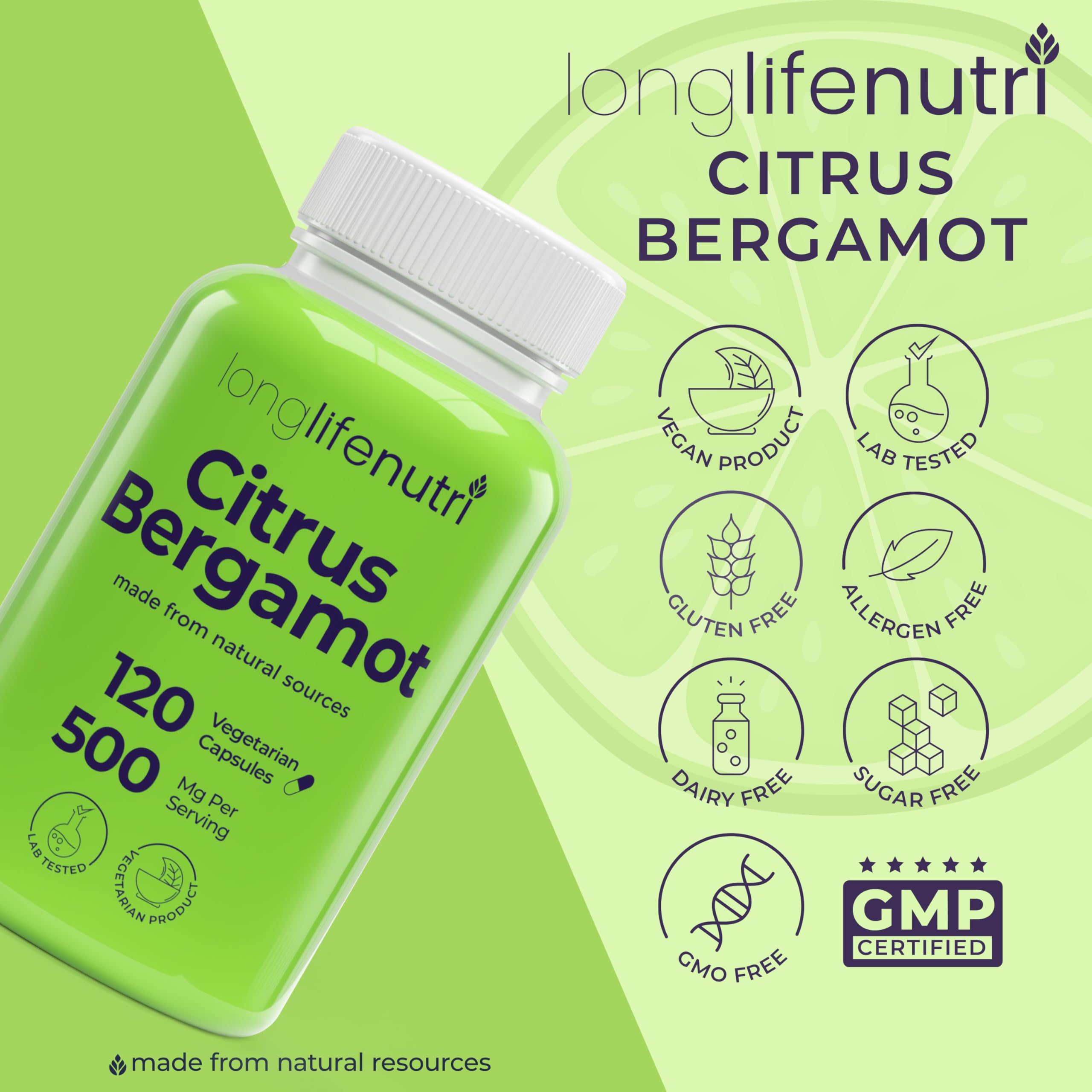 LongLifeNutri Citrus Bergamot Extract 500mg - 120 Vegetarian Capsules, 40% Polyphenolic Flavanones, 4-Month Supply, Plant-Based Anti-Oxidant, Tested, Made in USA LongLifeNutri buy supplements canada