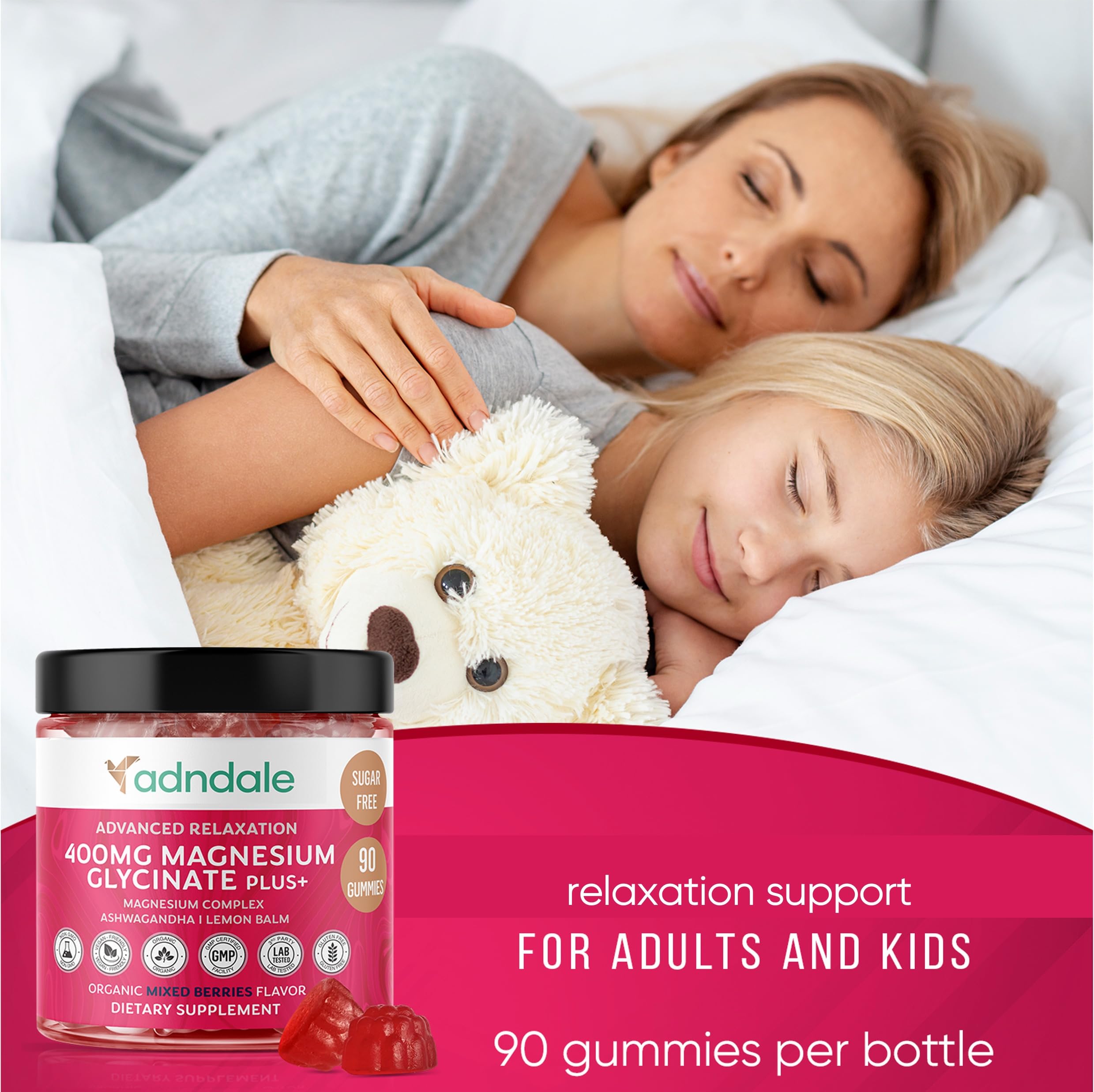 Adndale 180 CT Magnesium Glycinate Gummies 400 mg/Serv with Ashwagandha, Magnesium Malate & Taurate