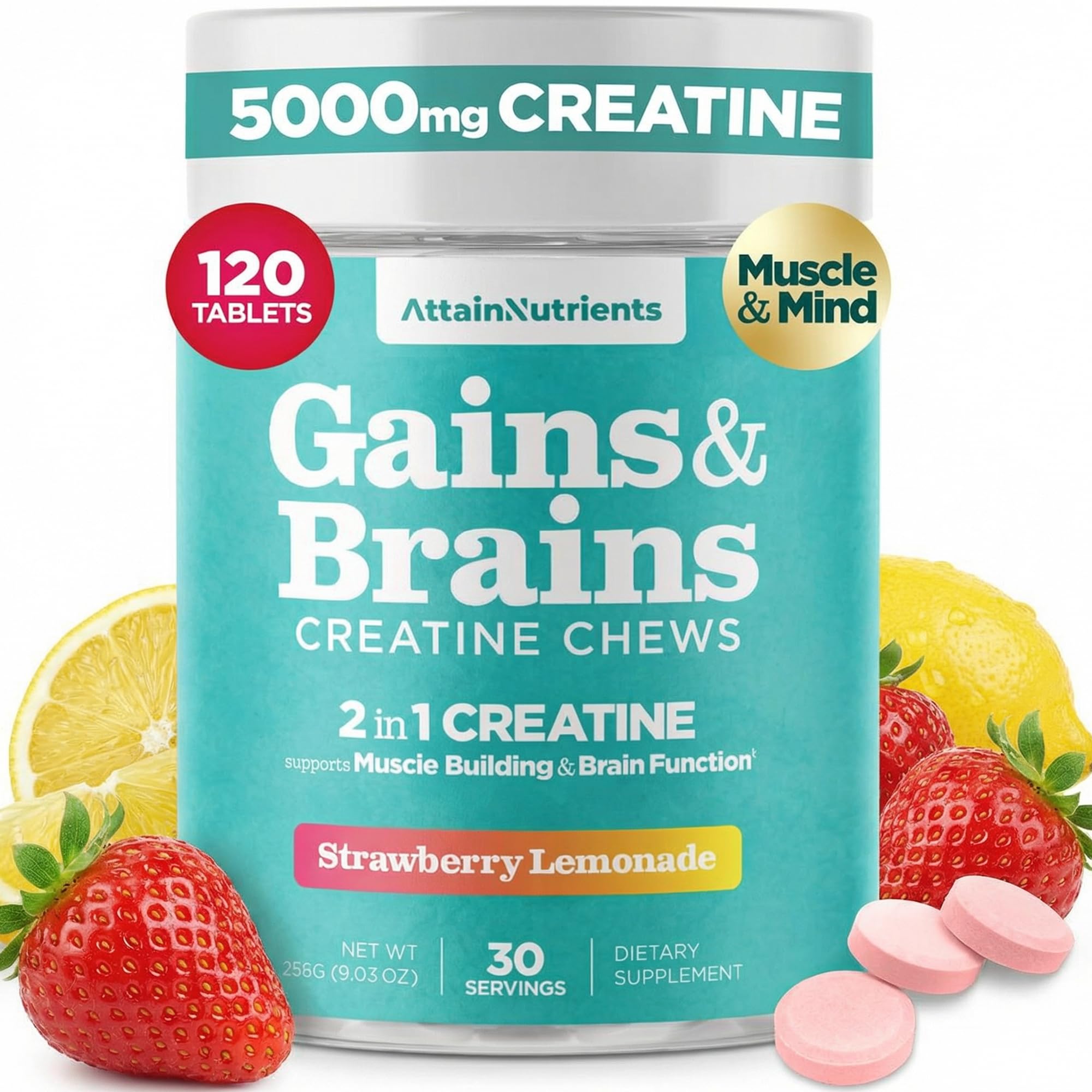 Creatine Chews - 5000mg Creatine Monohydrate Tablets for Men & Women with Ashwagandha KSM-66 - Low Sugar Muscle Support & Cognitive Boost - Gummy Alternative - 120 Count (Strawberry Lemonade) Attain Nutrients buy supplements canada