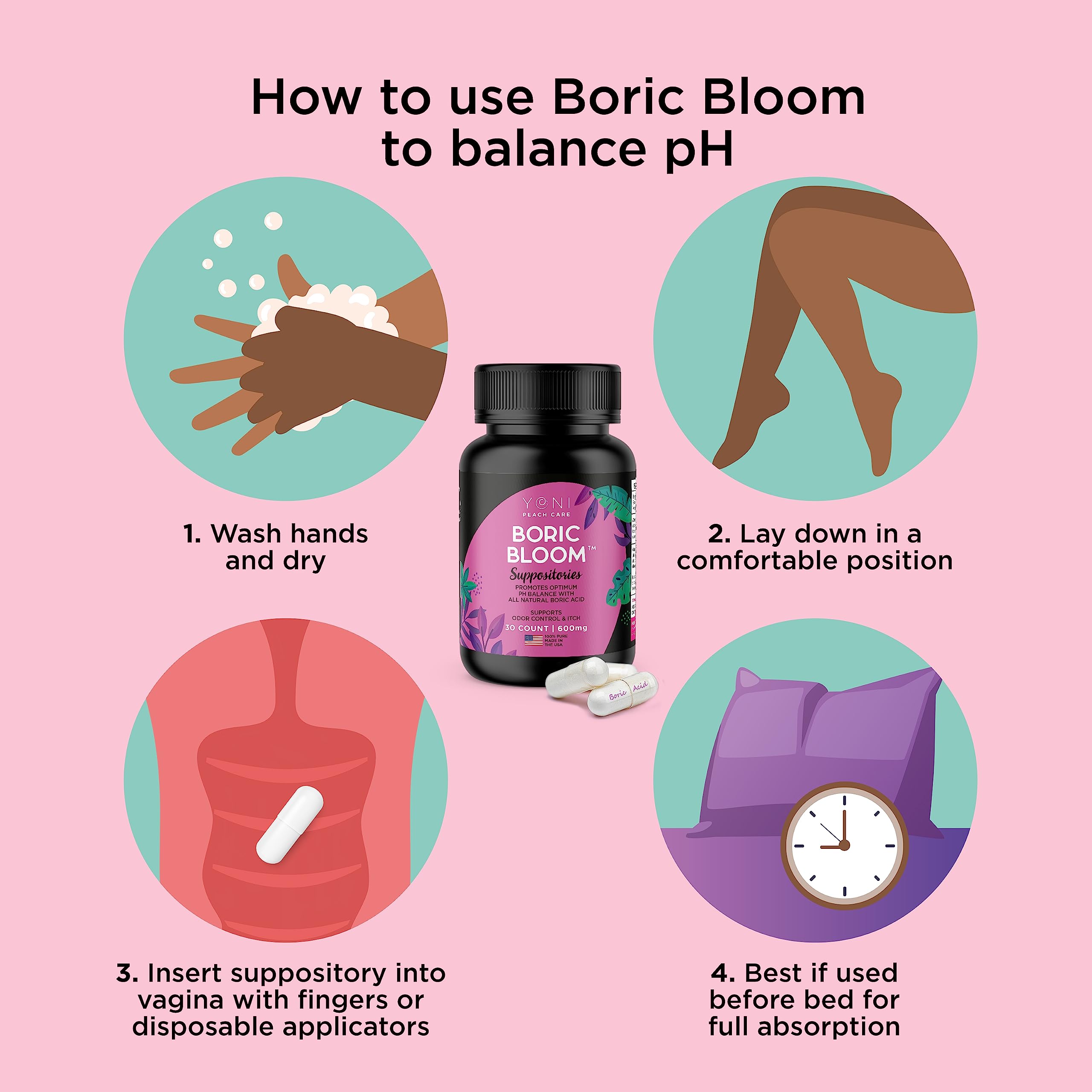 Boric Acid Suppositories - Vaginial Suppository Bacterial Vaginosis, pH Balance for Women Pills Yoni Peach Care buy supplements canada