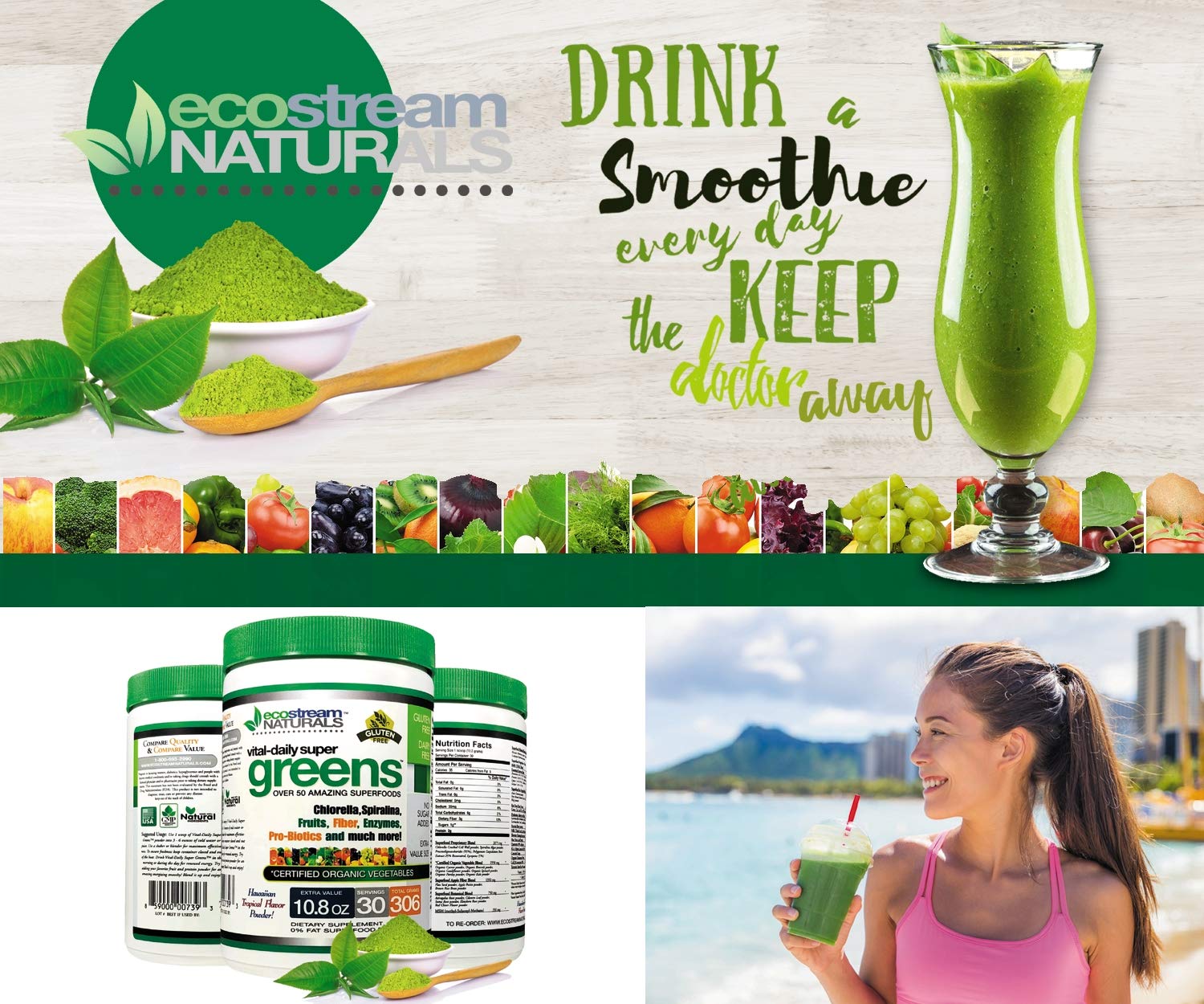 ecostream Naturals Vital First Daily Greens Superfood Powder 50 Whole Super Foods with Spirulina, Chlorella, Flax Seed, Fiber and Enzymes with Organic Greens - 30 Servings ecostream Naturals buy supplements canada