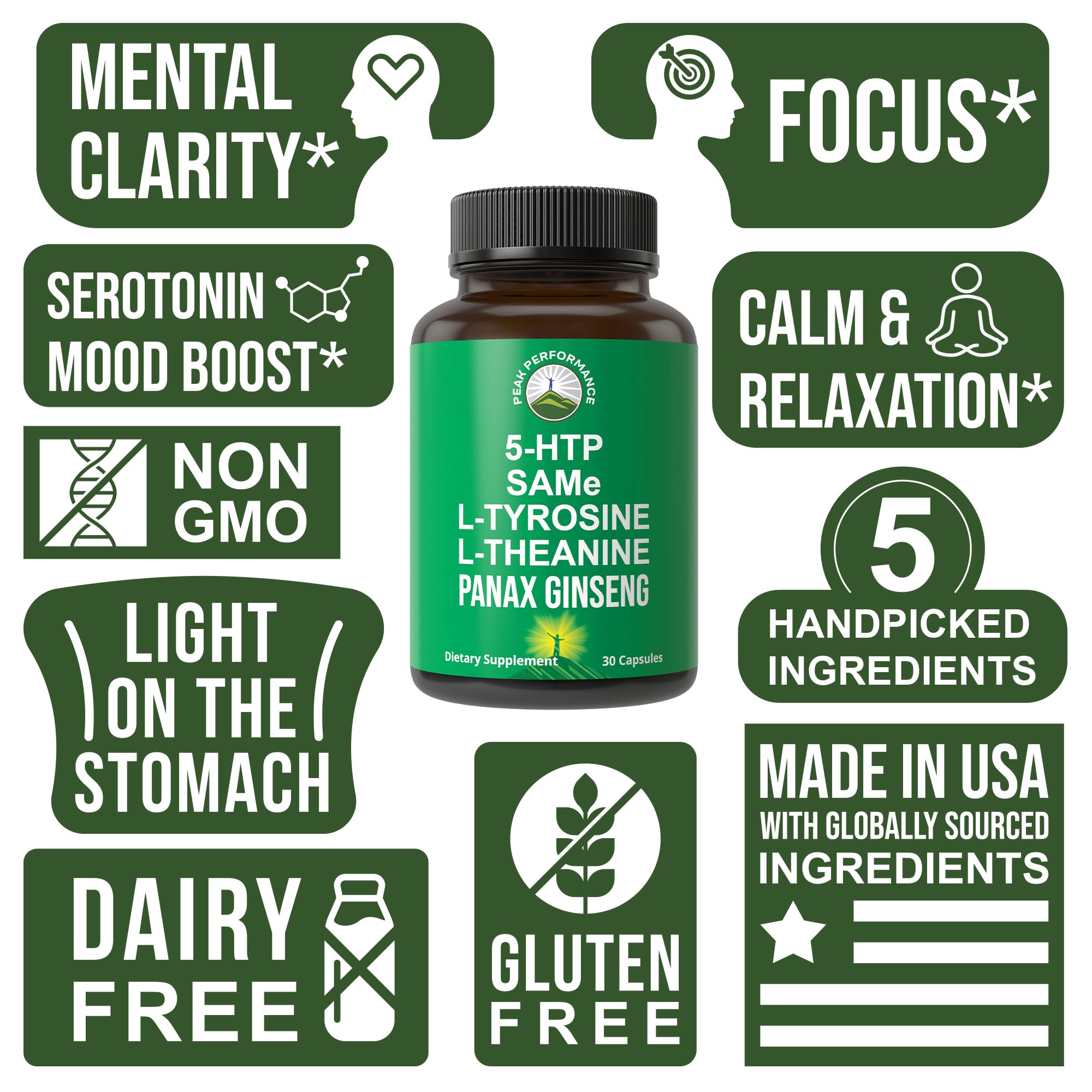 Peak Performance Mood Support Supplement with 5 Top Ingredients: 5HTP, SAM e, L Tyrosine, L Theanine, and Panax Ginseng. Calm, Focus, Relaxation Supplements. Vegan Peak Performance buy supplements canada