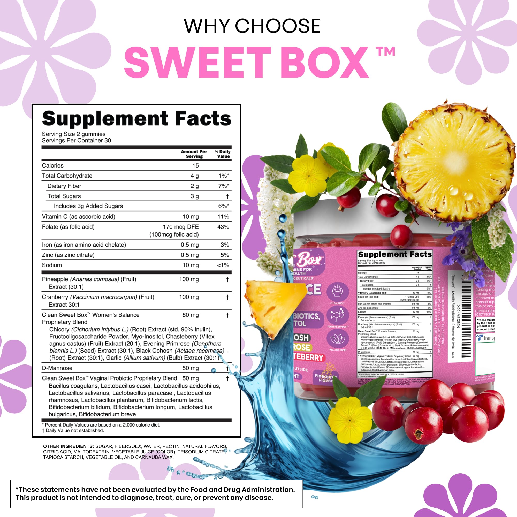 Clean Nutra Feminine Balance Gummies for Women Pineapple VaginalProbiotics pH Balance Cranberry D Mannose Supplement Inositol Black Cohosh Evening Primrose Garlic Vitex GLA Prebiotics Folate 60ct Clean Nutraceuticals buy supplements canada