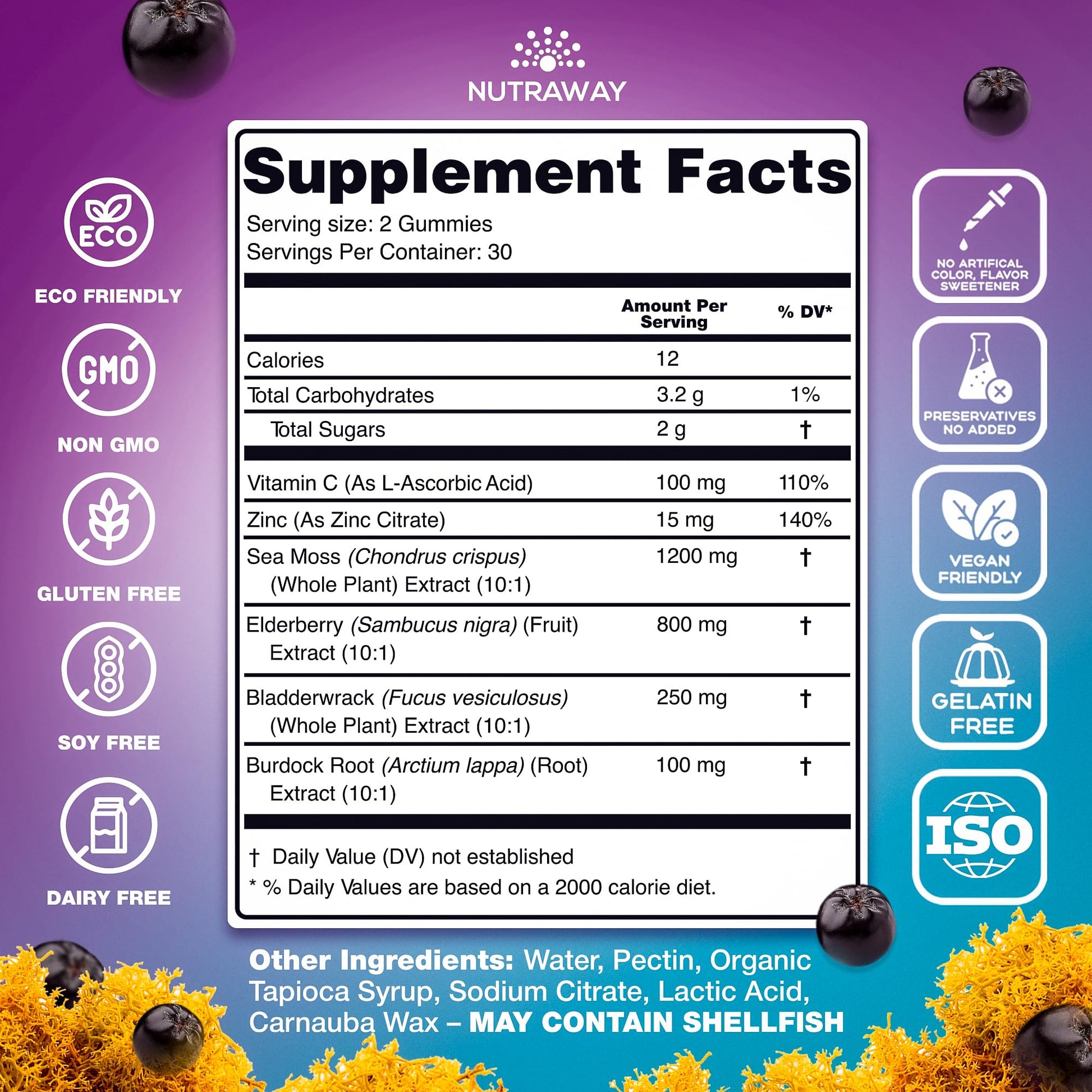 NUTRAWAY LABS Sea Moss Gummies with Elderberry, Vitamin C & Zinc - 102 Minerals from Irish Sea Moss, Bladderwrack & Burdock Root for Immune Support - Vegan Seamoss Supplement (Pack of 1) NUTRAWAY LABS buy supplements canada