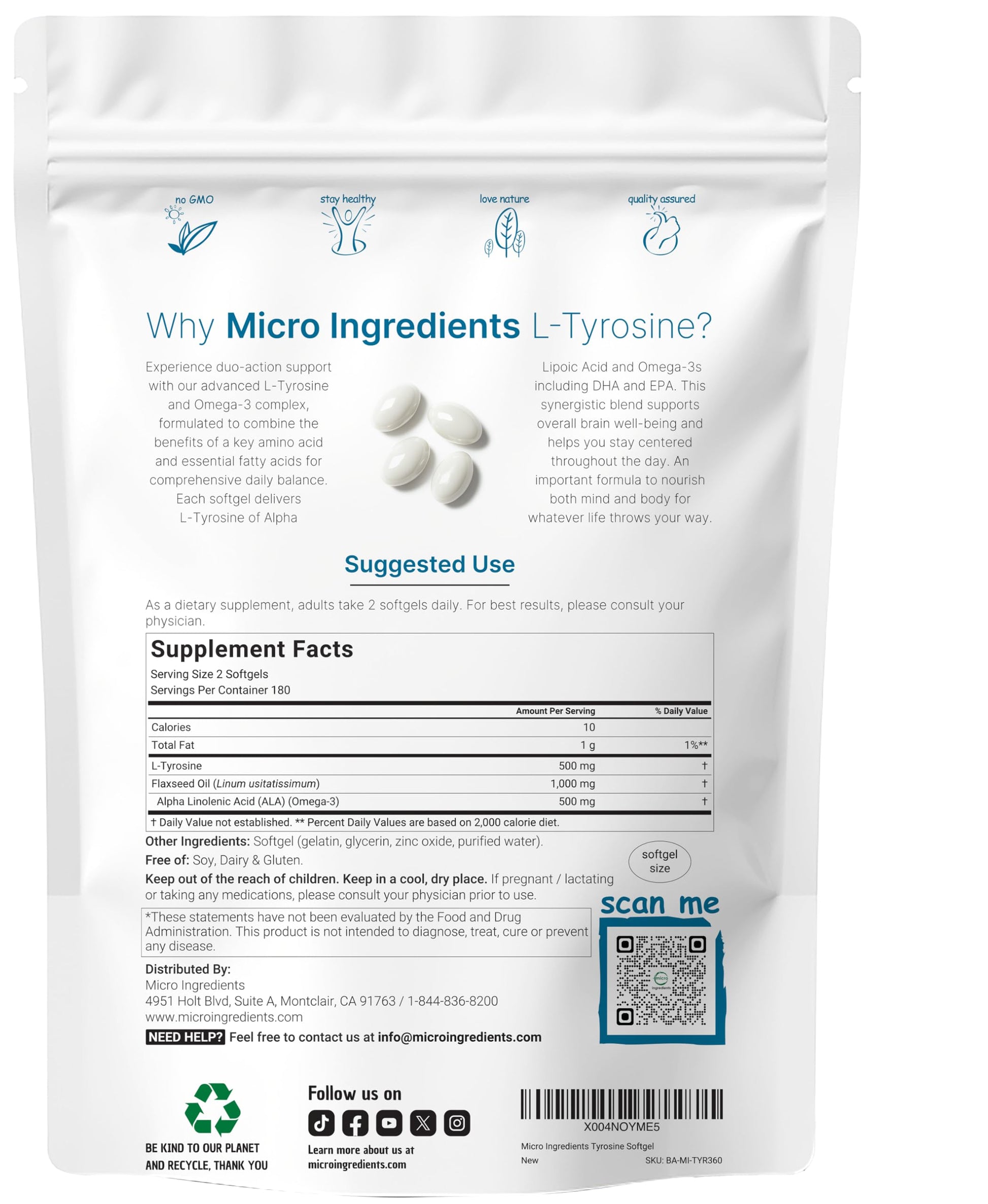 L Tyrosine Supplement 500mg with Omega-3, 360 Softgels | Duo Action Amino Acids + Omega from Flaxseed Oil 1,000mg with ALA | Heart and Mood Support | Brain Supplements for Memory and Focus | Non-GMO Micro Ingredients buy supplements canada