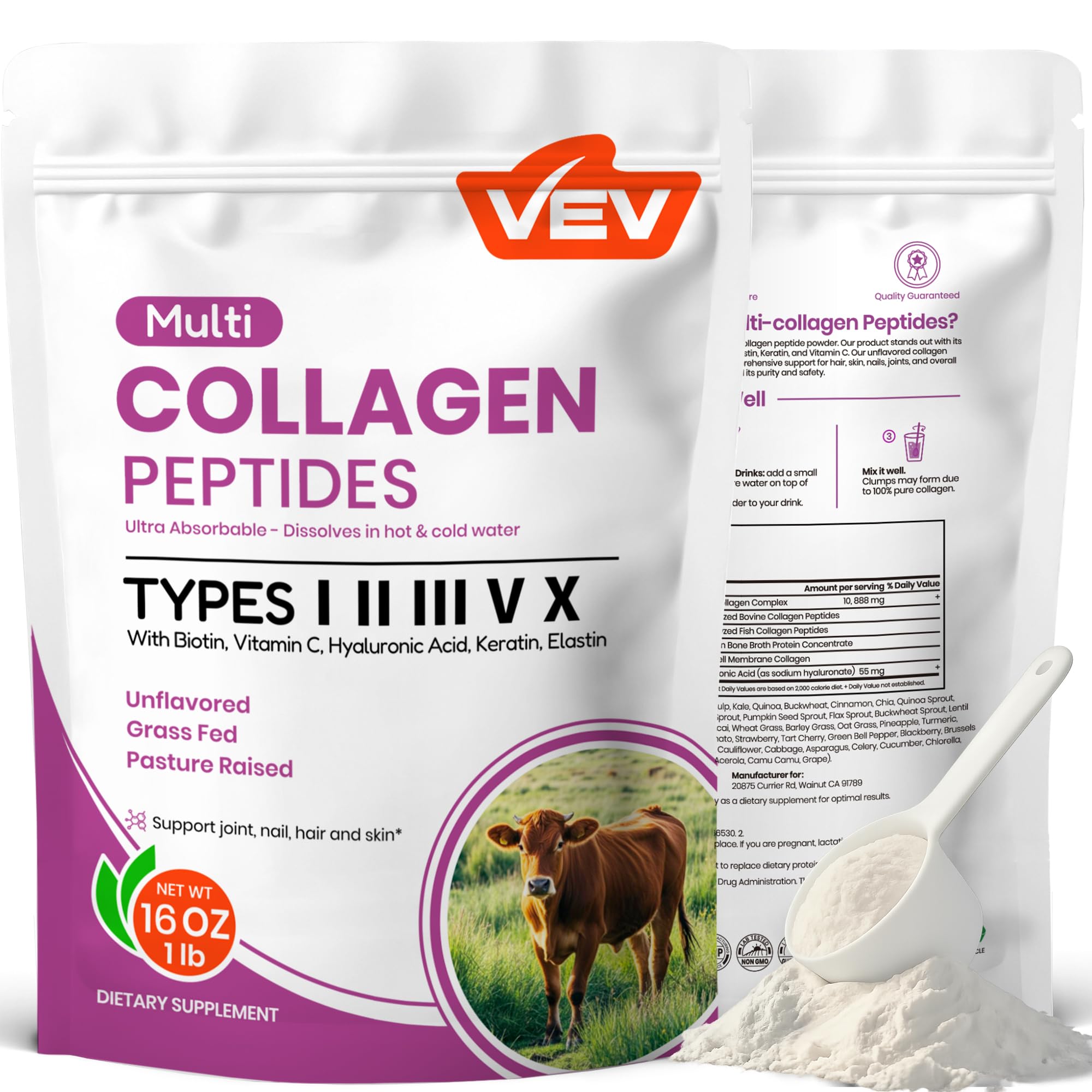 VEV Multi Collagen Peptides Powder, 16 oz (41 Servings) – Type I, II, III, V, X, Hydrolyzed Collagen, Hyaluronic Acid, Biotin, Vitamin C VEV buy supplements canada