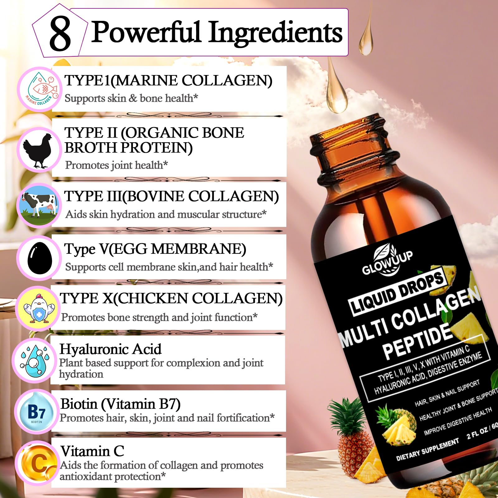 Multi Collagen Peptides Liquid Drops for Women & Men-Type I, II, III, V, X丨Hydrolyzed Collagen Peptides, Collagen Proteins W. Hyaluronic Acid, Biotin & Vitamin C for Hair Skin & Joint Gut Health GLOVVUUP buy supplements canada