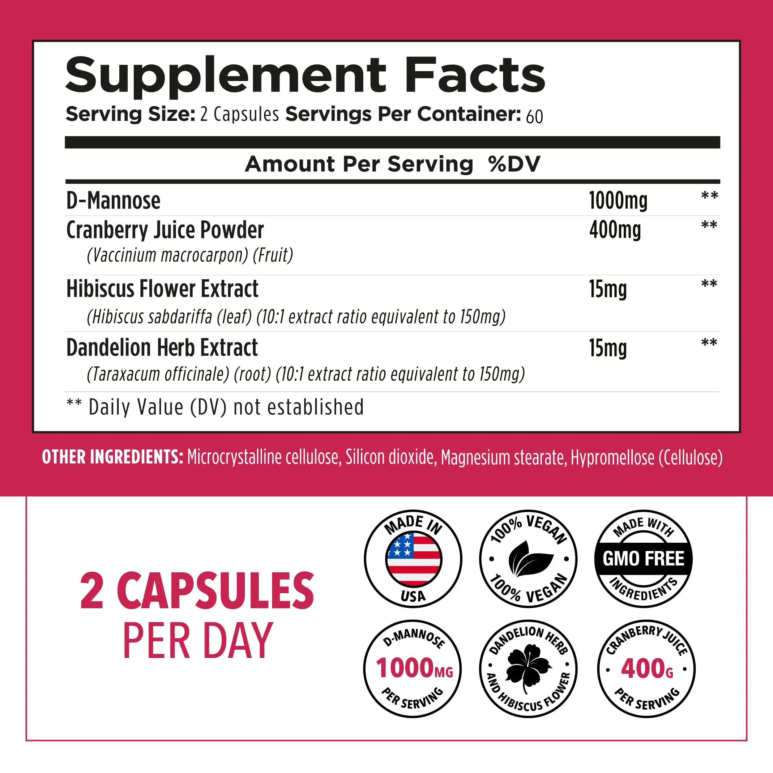 Plantvital D Mannose Capsules with Cranberry - D-mannose 1000mg Capsules - High Potency for Bladder, Kidney and Urinary Tract Support. Cranberry Powder with Hibiscus and Dandelion. 2 Months Supply Plantvital buy supplements canada