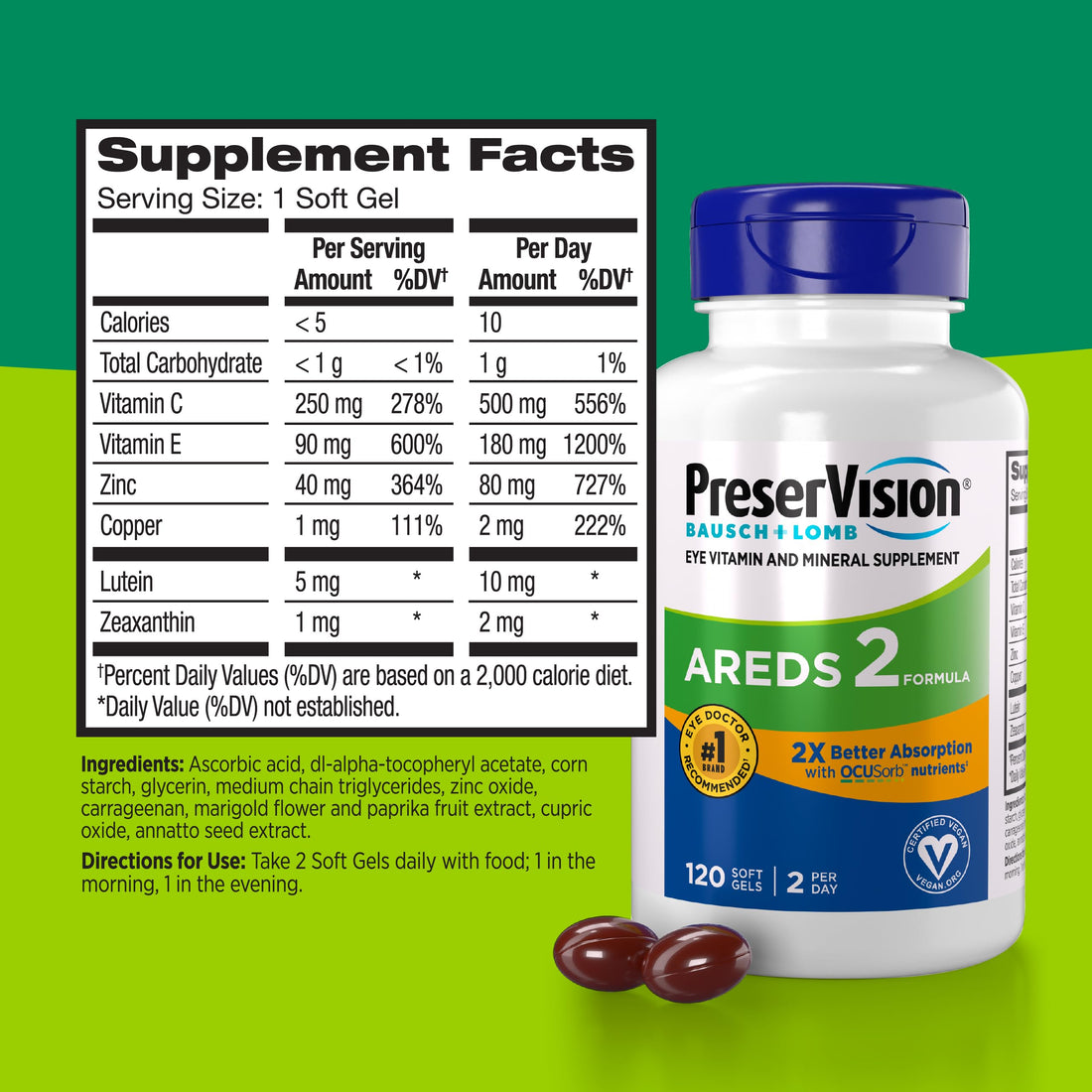 PreserVision AREDS 2 Eye Vitamin & Mineral Supplement with OCUSorb, 120 Vegan Soft Gels, Contains Lutein, Zeaxanthin, Vitamin C & E, Zinc, & Copper, Eye Health Supplements for Adults PreserVision buy supplements canada