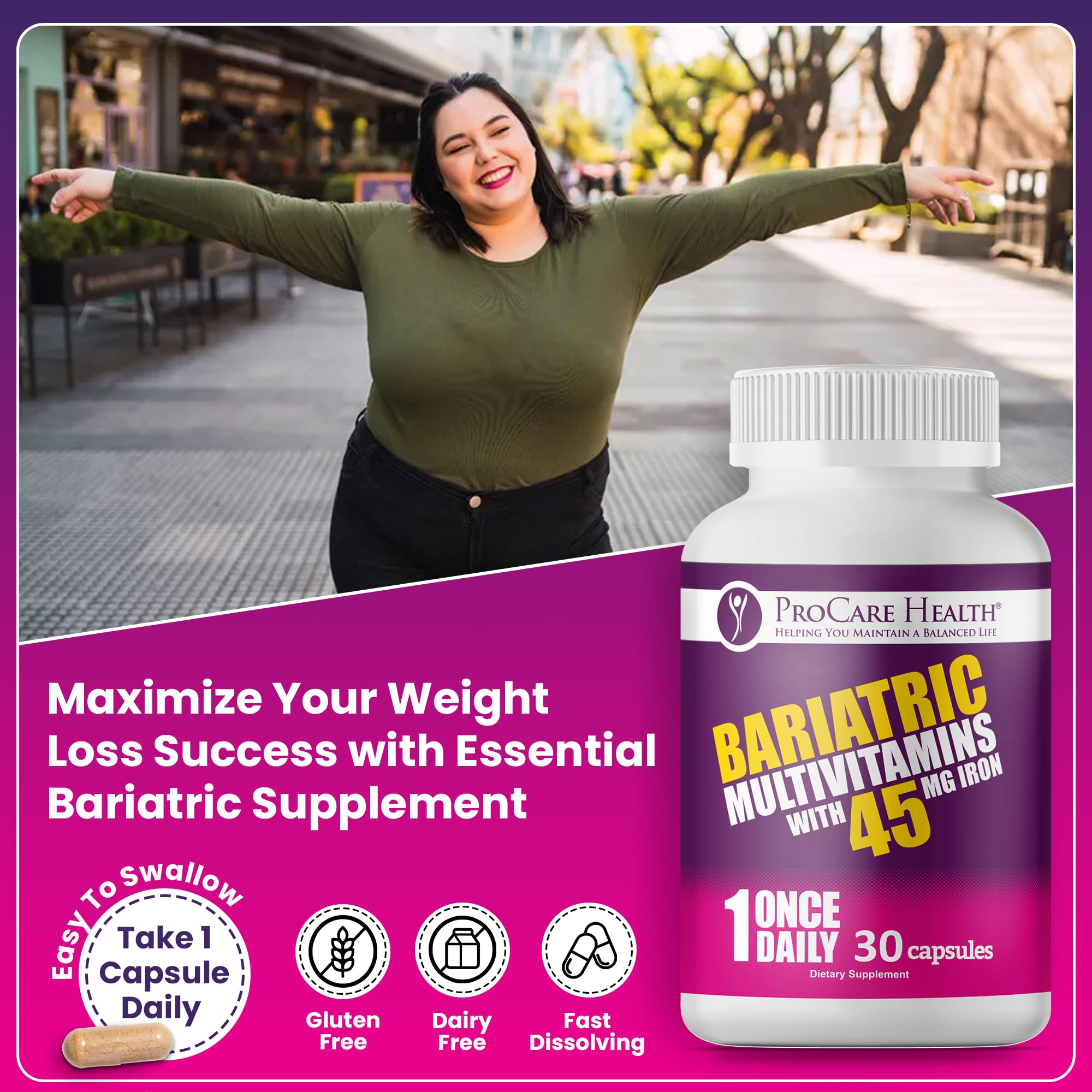ProCare Health Bariatric Multivitamin with 45mg Iron (30 Easy to Swallow Capsules) - Once Daily Post-Op Support for Gastric Bypass ProCare Health buy supplements canada