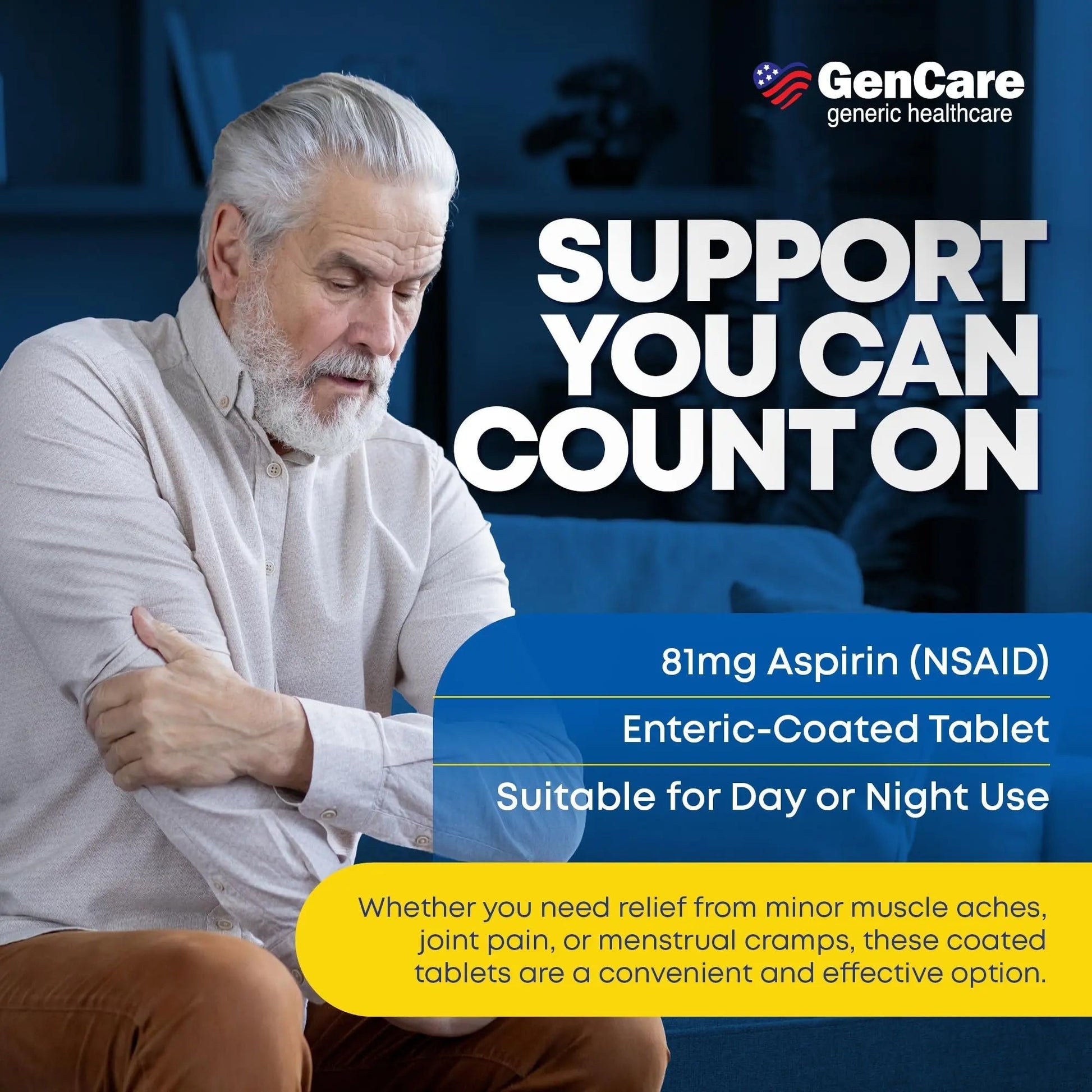 GenCare - Low Dose Aspirin 81mg for Adults Coated (NSAID) 500 Tablets | Adult Low Dose | Enteric Coated Aspirin Pills | Muscle Pain & Menstrual Pain Relief | Fever Reducer | Generic Bayer GenCare buy supplements canada
